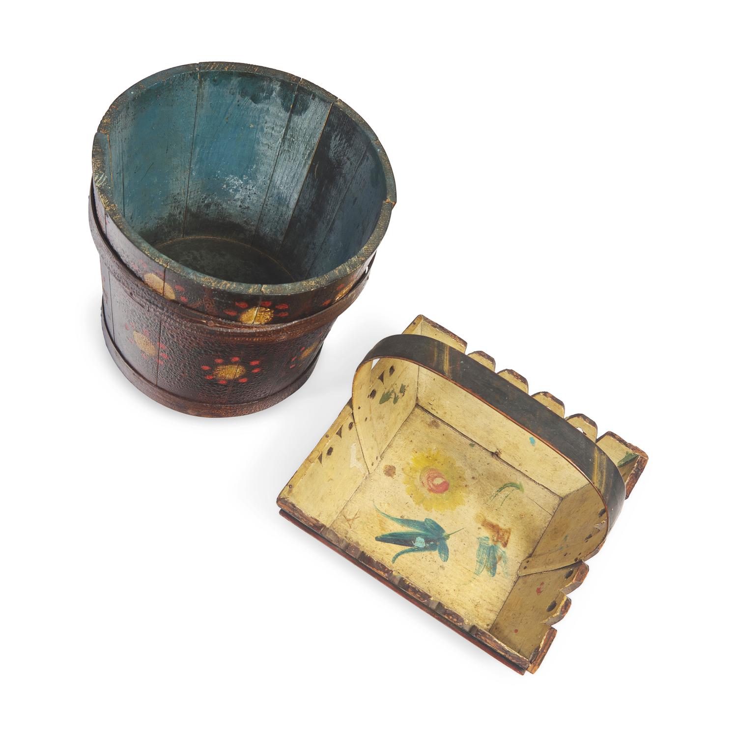 A Painted Basket and Lidded Bucket