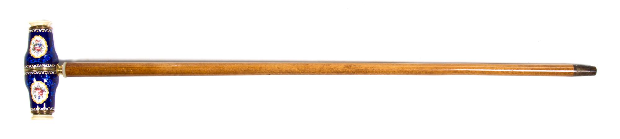 A French Enameled Monocular Mounted Cane, Height overall 33 1/4 x width of handle closed 5 5/8 inches.