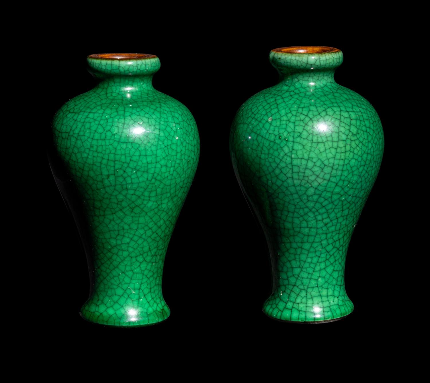 A Pair of Chinese Green Ground Crackled Glazed Porcelain Vases