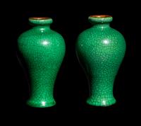 A Pair of Chinese Green Ground Crackled Glazed Porcelain Vases
