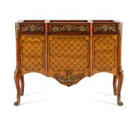 A Louis XV/XVI Transitional Style Gilt Bronze Mounted Marquetry Commode