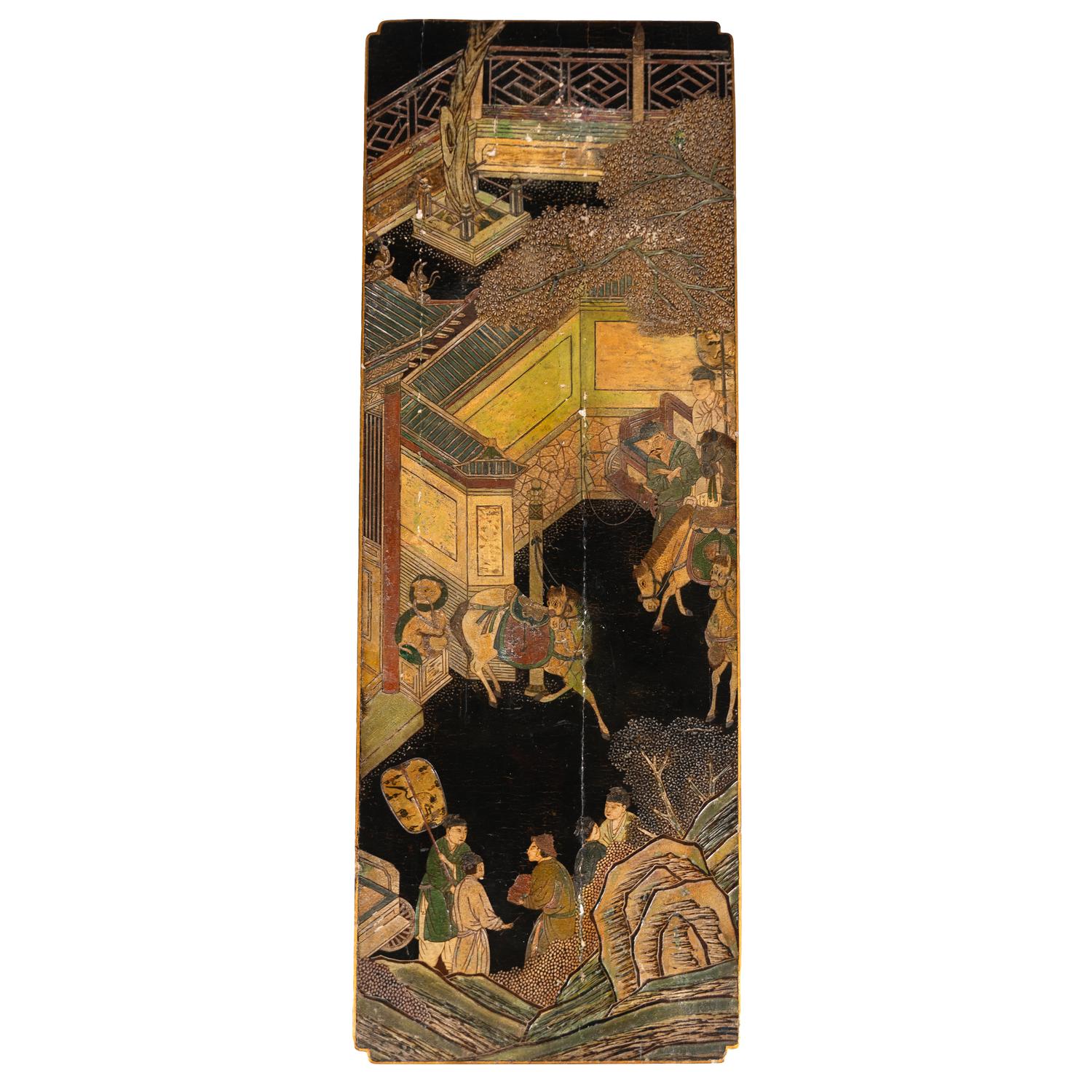 A Chinese Black and Polychrome Lacquered Low Table, 18th-19th Century 清中期 黑地款彩人物故事漆屏改炕案