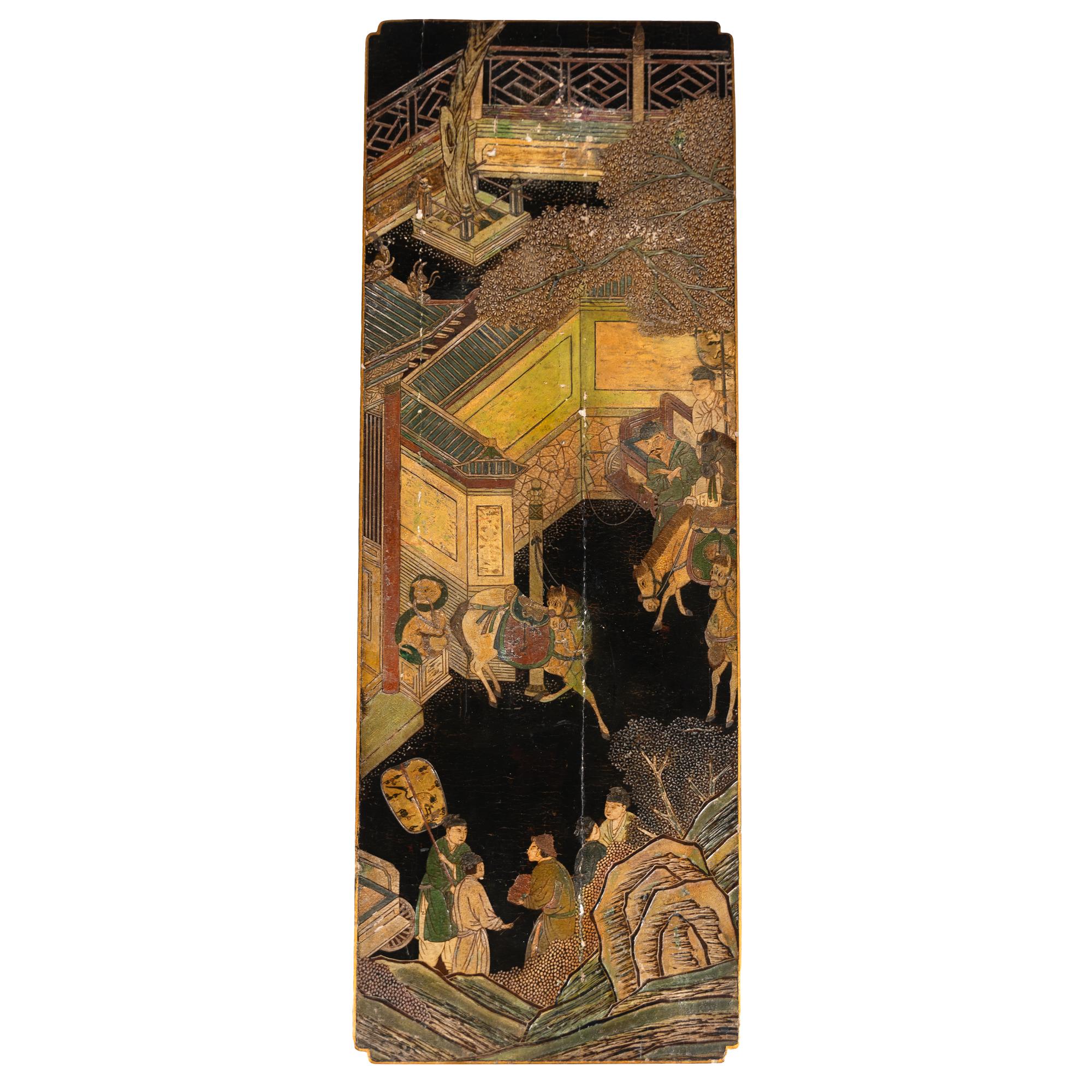 A Chinese Black and Polychrome Lacquered Low Table, 18th-19th Century 清中期 黑地款彩人物故事漆屏改炕案