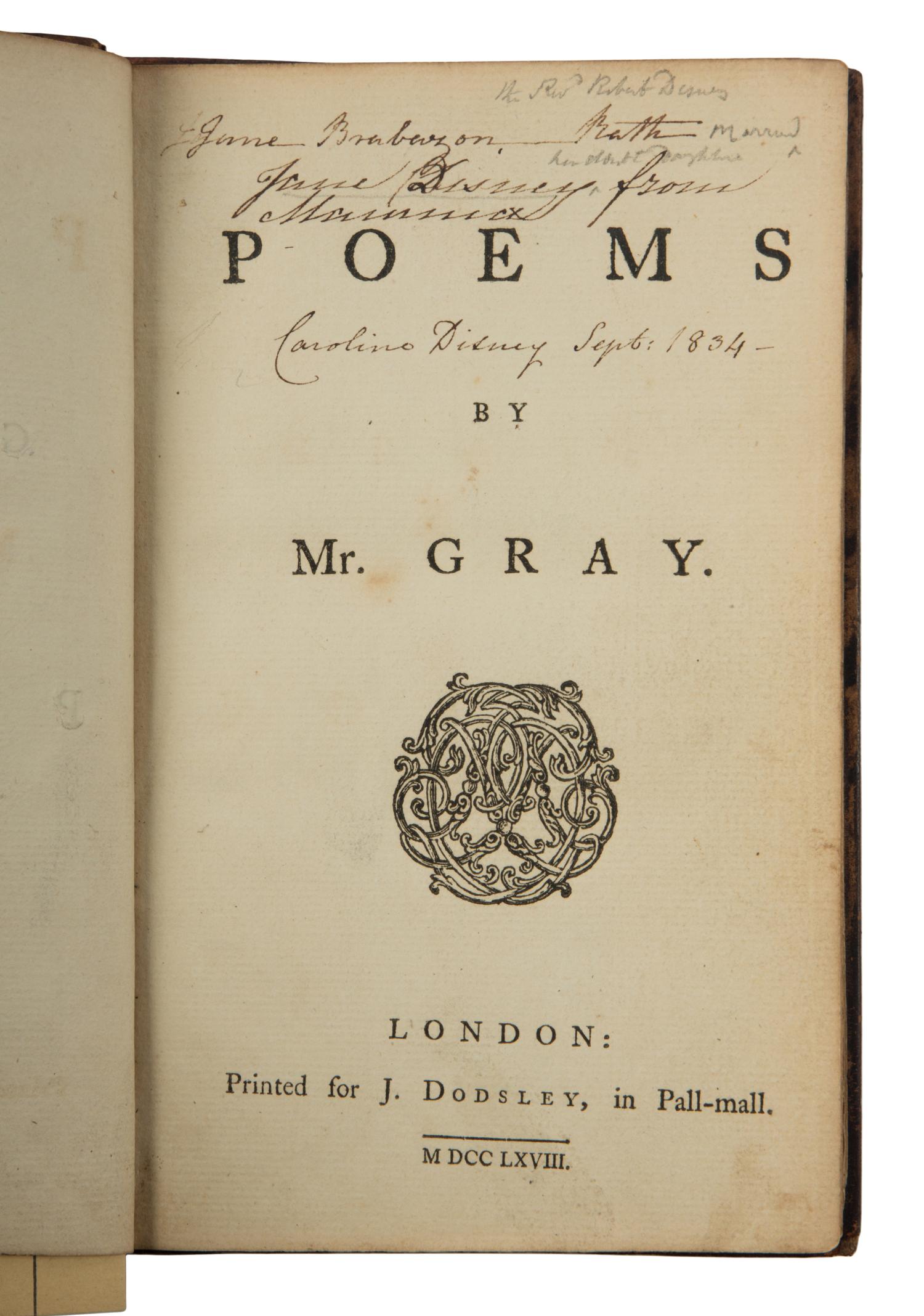 GRAY, Thomas (1716-1771). Poems . London: for J. Dodsley, 1768.