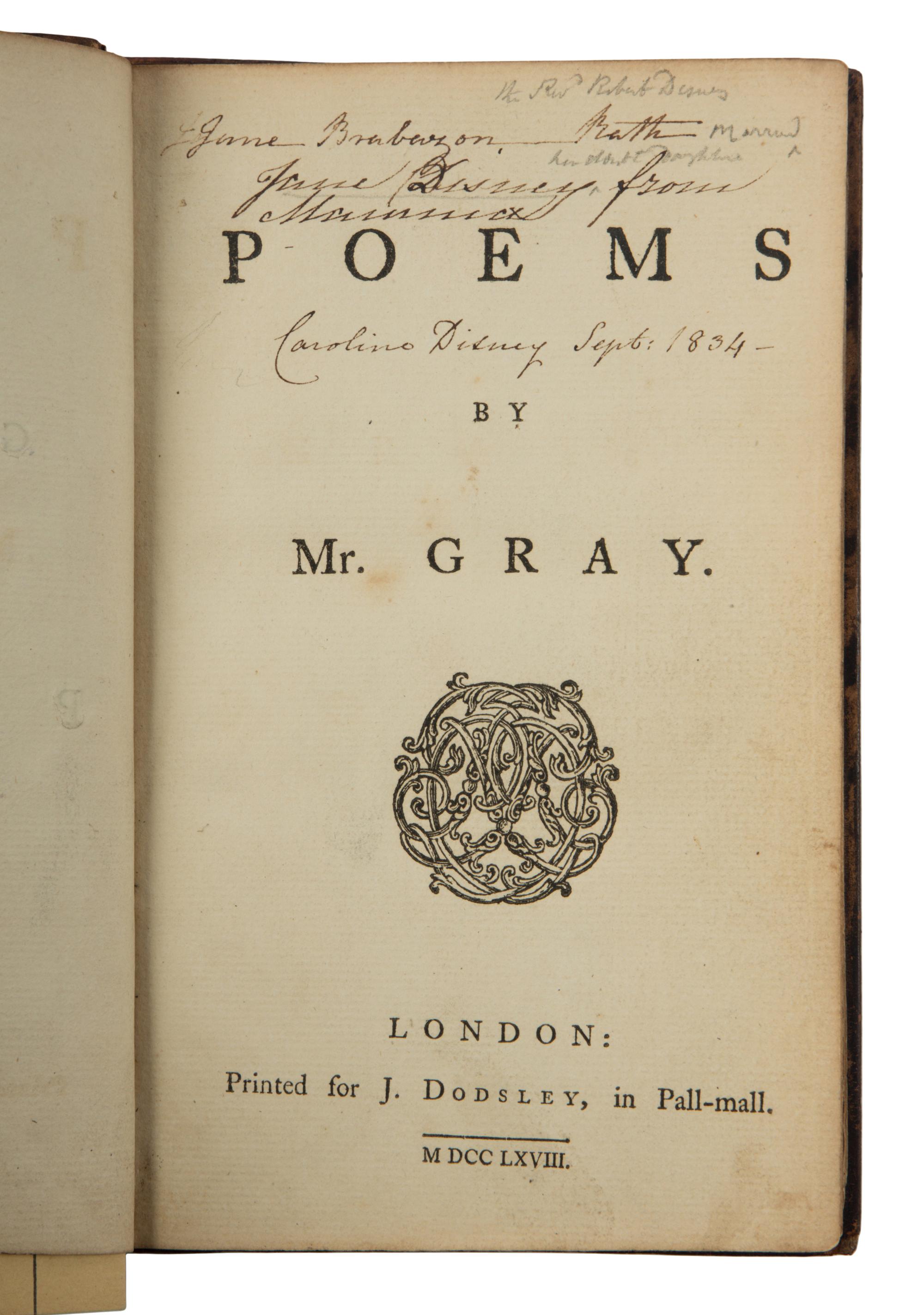 GRAY, Thomas (1716-1771). Poems . London: for J. Dodsley, 1768.
