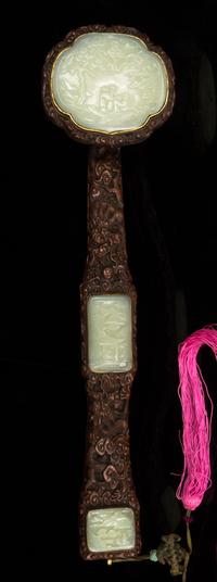 A Celadon Jade Inset Rosewood Ruyi Scepter Length 18 3/4 inches. — QING DYNASTY