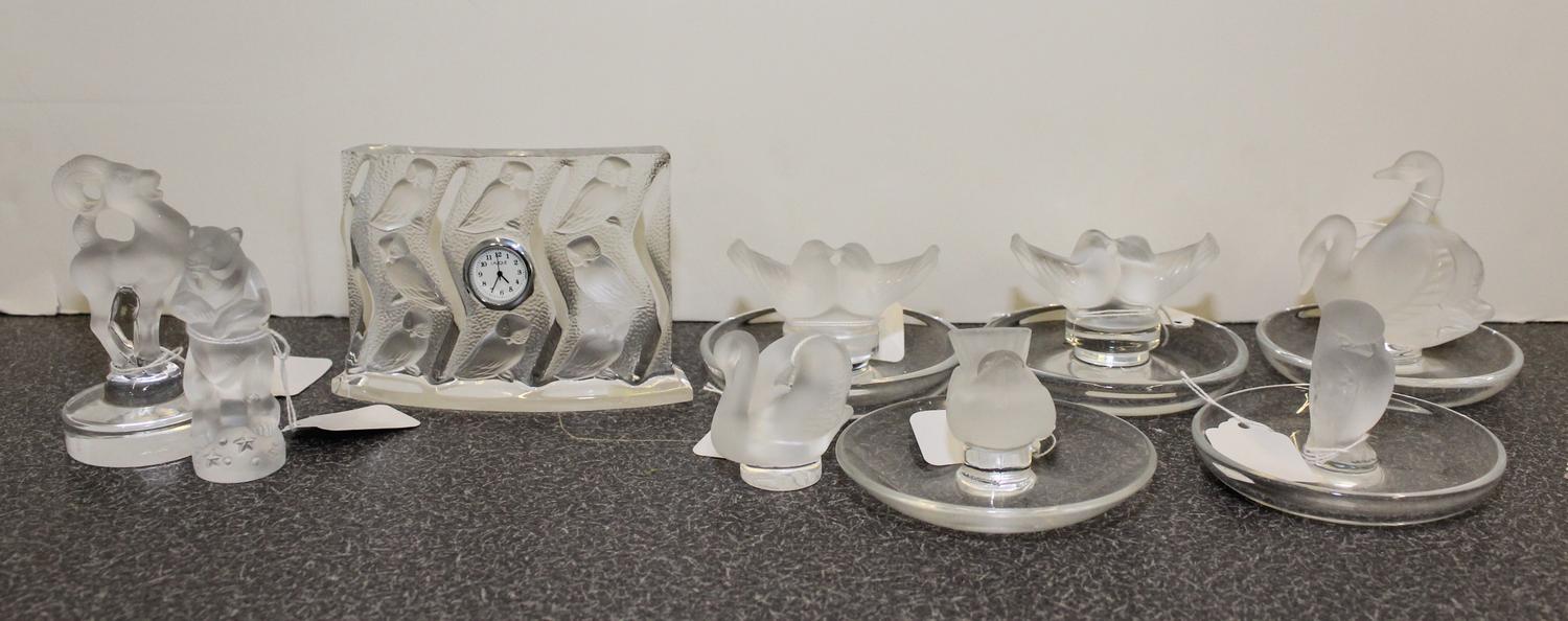 A Group of Nine Lalique Glass Articles Width of clock 5 1/8 inches.