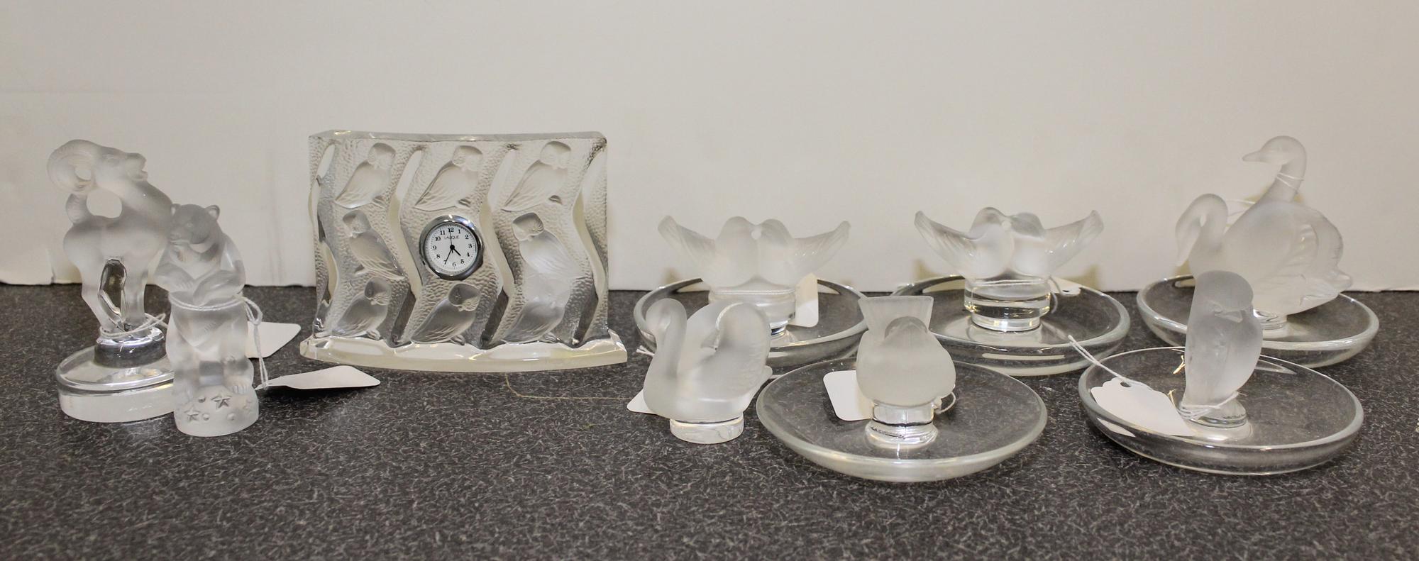 A Group of Nine Lalique Glass Articles Width of clock 5 1/8 inches.