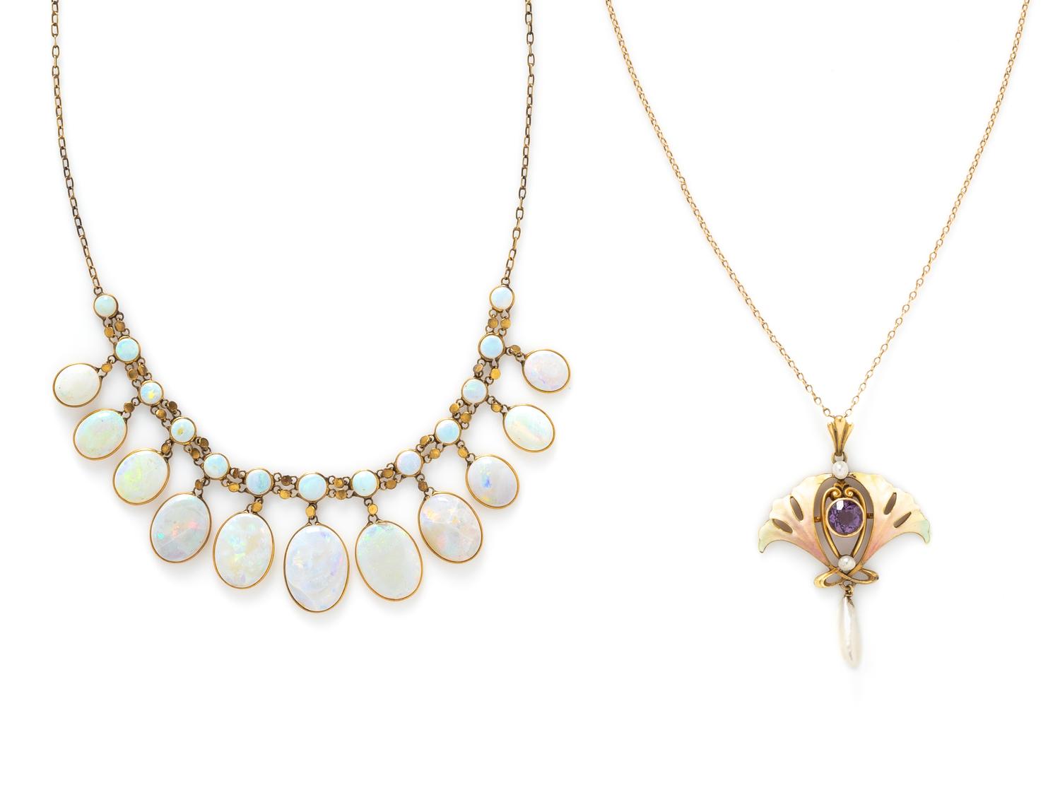 ANTIQUE, YELLOW GOLD, ENAMEL, AND GEMSTONE NECKLACE, AND OPAL GOLD-FILLED NECKLACE