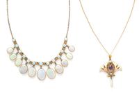 ANTIQUE, YELLOW GOLD, ENAMEL, AND GEMSTONE NECKLACE, AND OPAL GOLD-FILLED NECKLACE
