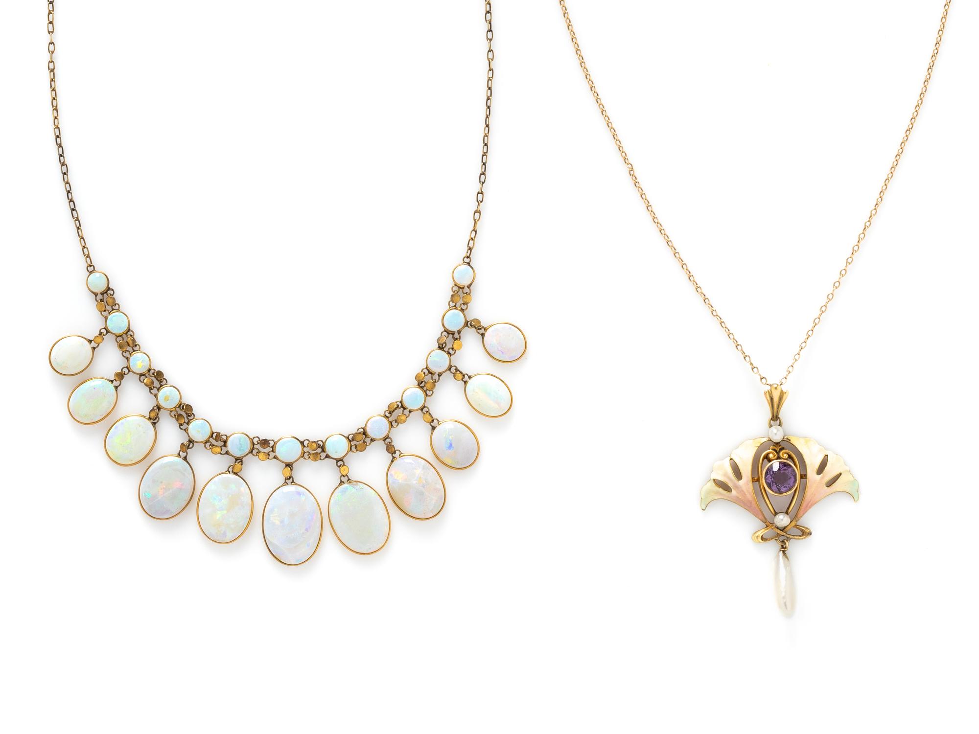 ANTIQUE, YELLOW GOLD, ENAMEL, AND GEMSTONE NECKLACE, AND OPAL GOLD-FILLED NECKLACE