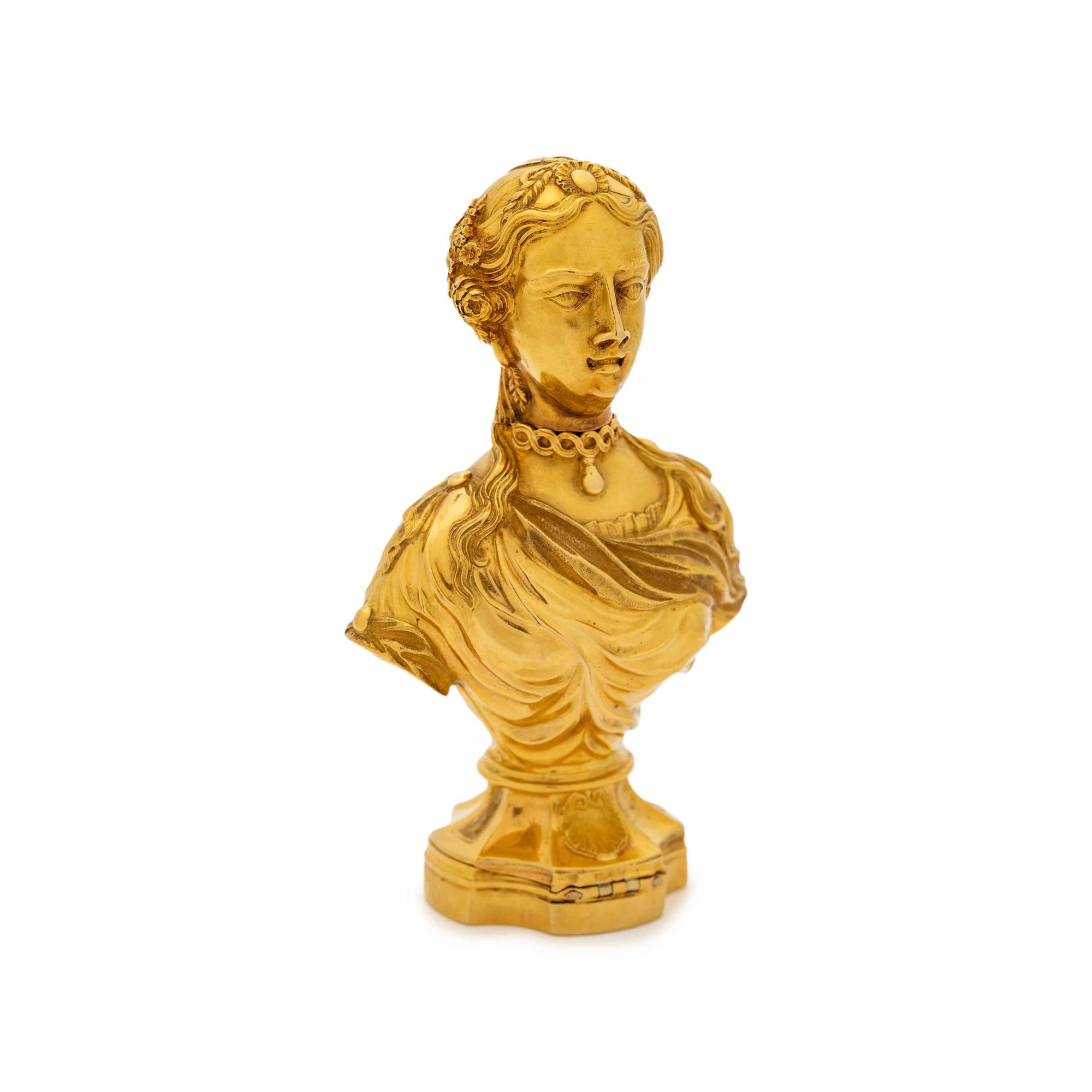 A French Gold Figural Compound Scent Flask, Snuff Box and Hand-Seal of Ducal Interest