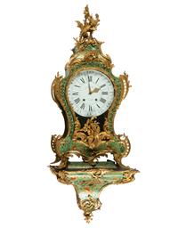 A Louis XV Green-Stained Horn and Gilt Bronze Mounted Cartel Clock and Bracket