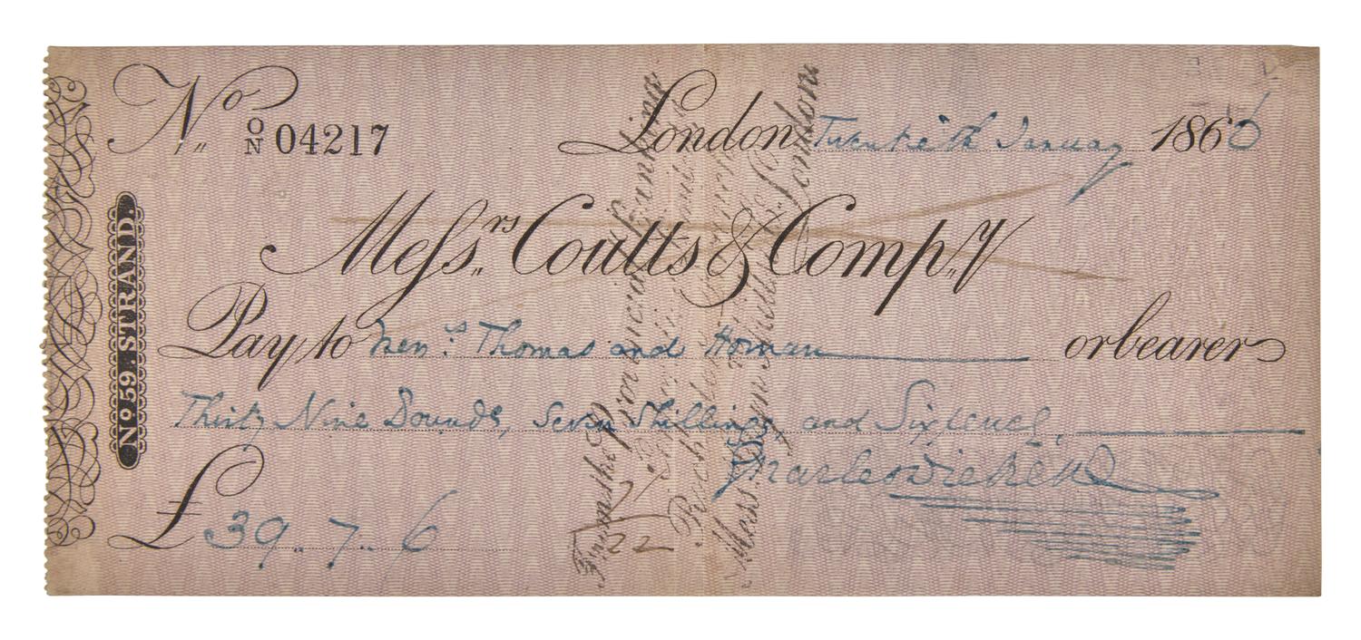 [Literature] Dickens, Charles. Autograph Check, signed