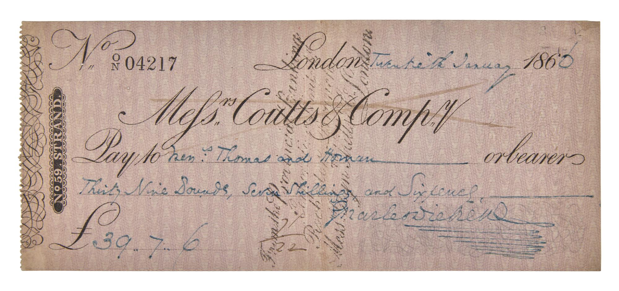 [Literature] Dickens, Charles. Autograph Check, signed
