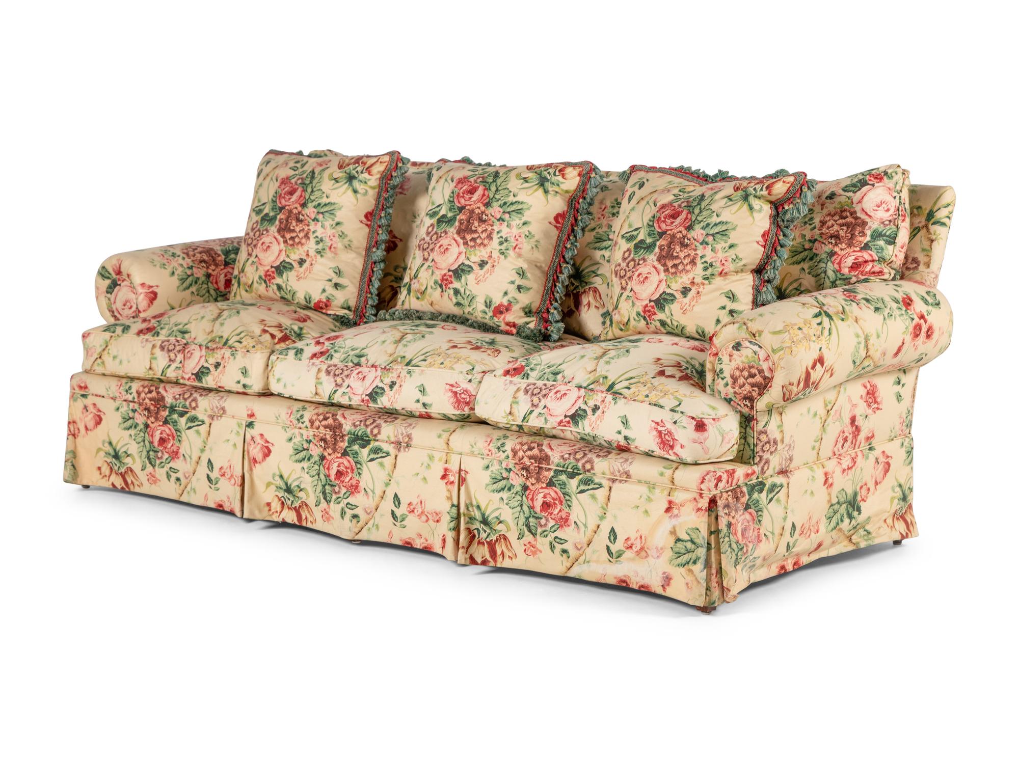 A Pair of Floral Cotton Upholstered Three-Seat Sofas