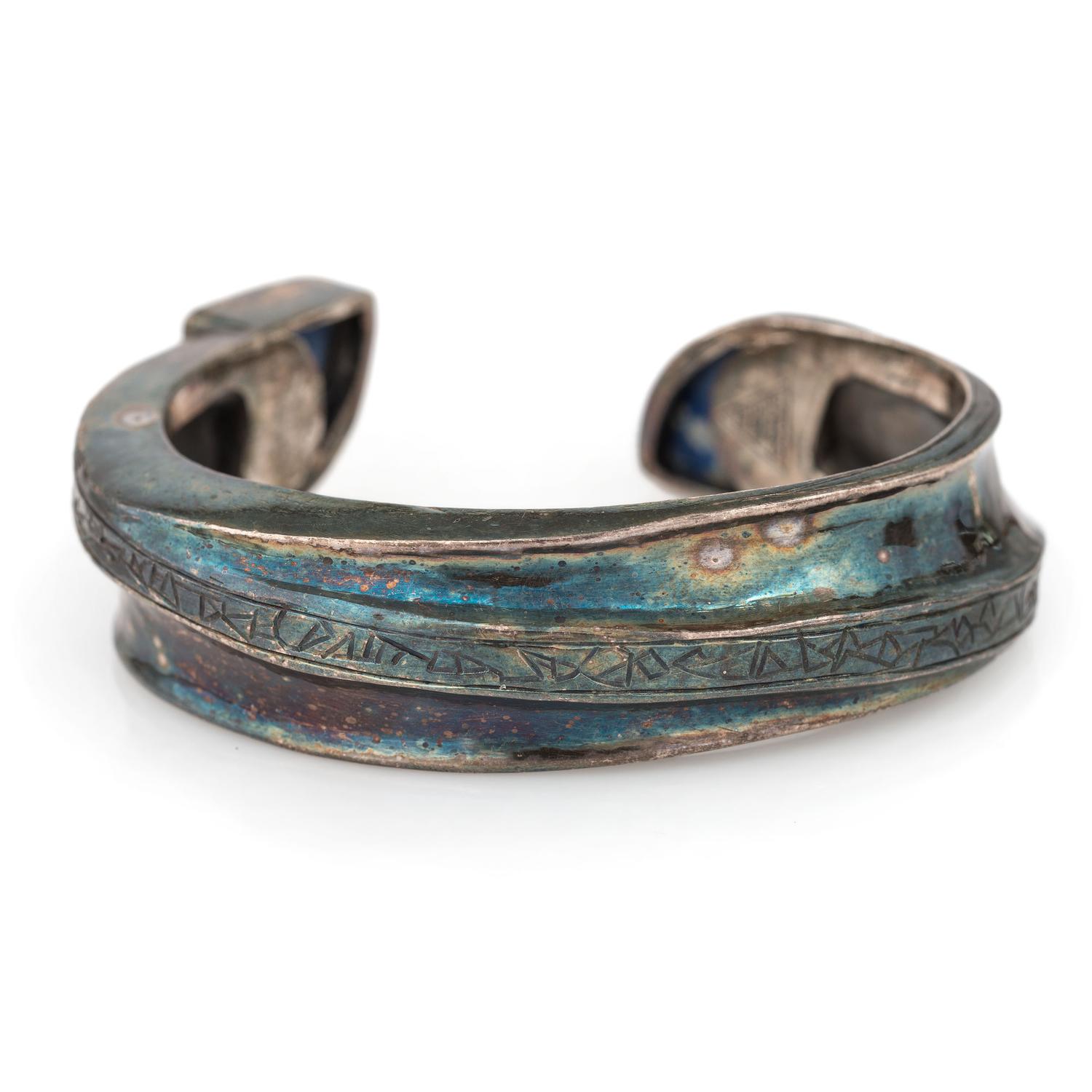 Southwestern-Style Silver and Sodalite Cuff Bracelet, with Syllabics