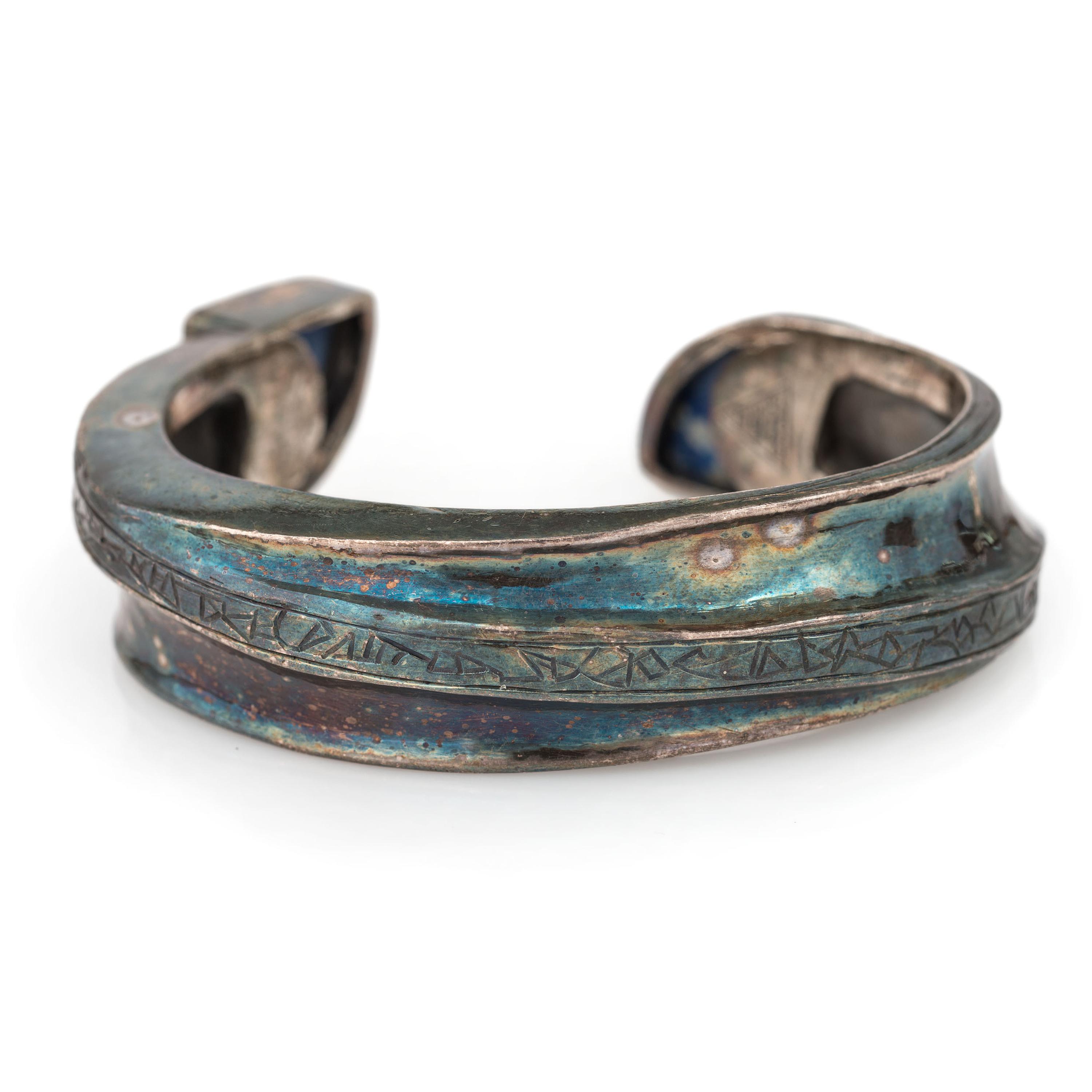 Southwestern-Style Silver and Sodalite Cuff Bracelet, with Syllabics