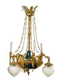 An Empire Style Gilt Bronze and Painted Tôle Six-Light Chandelier