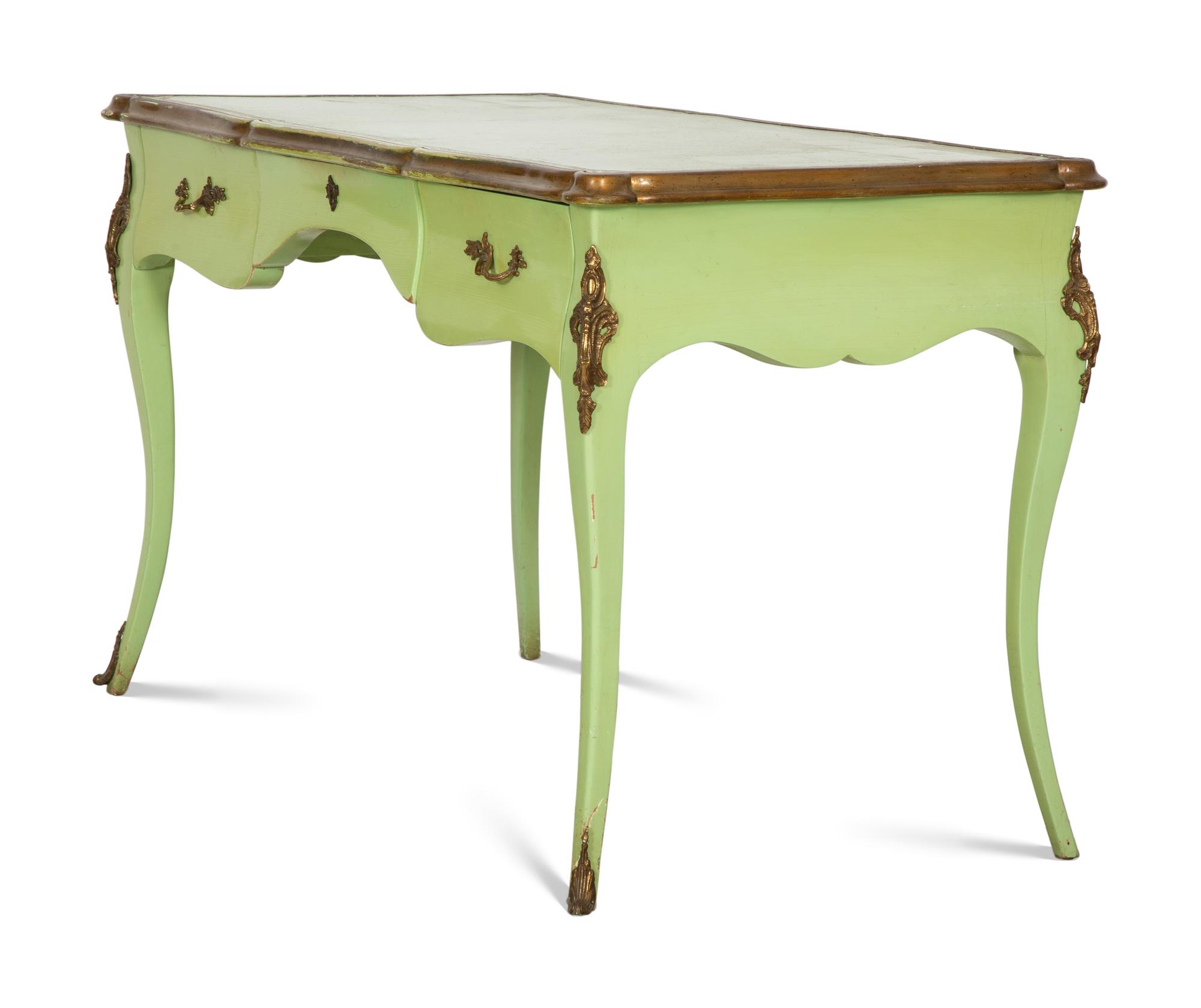 A Louis XV Style Gilt Metal Mounted Green-Painted Bureau Plat