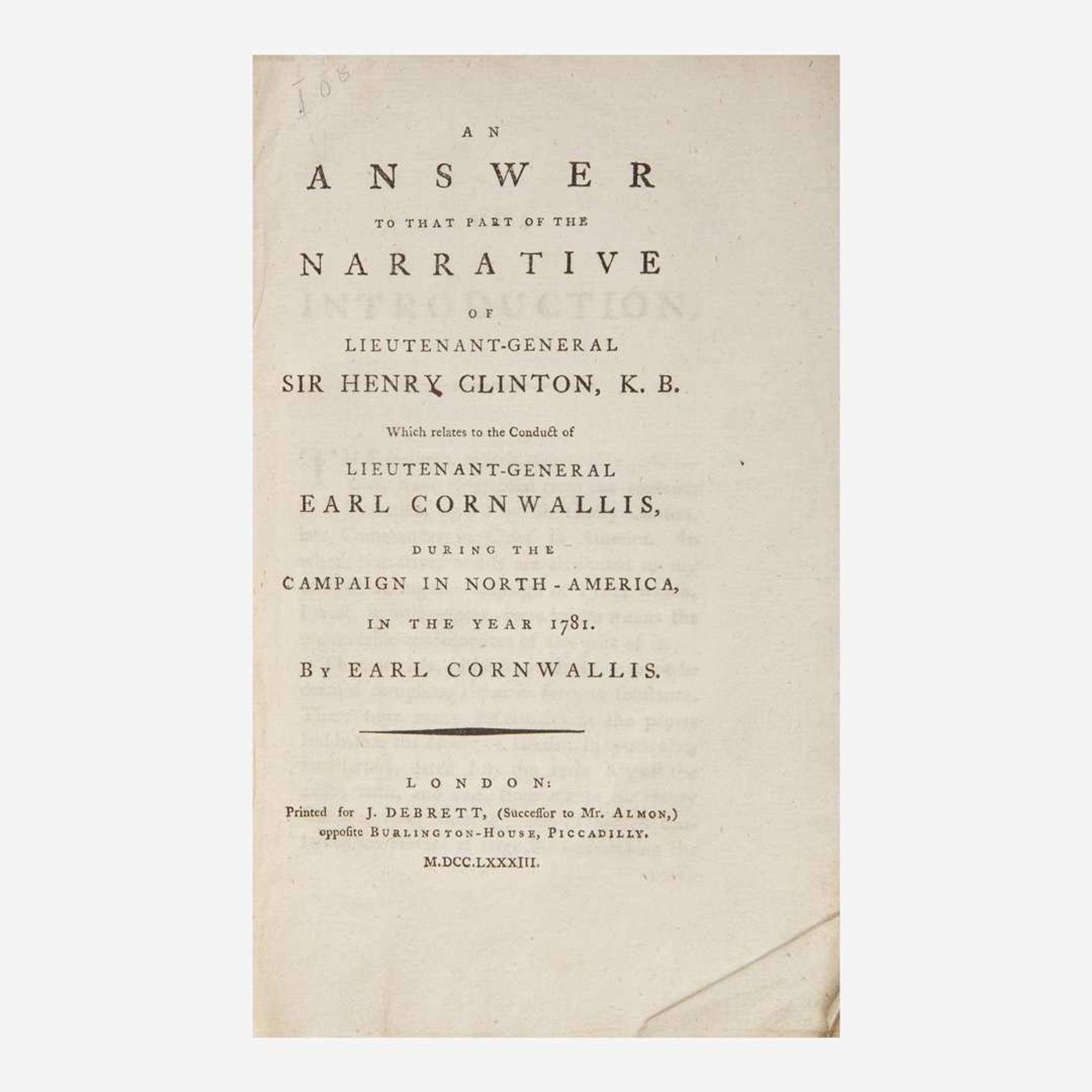[American Revolution] Cornwallis, Charles, and Henry Clinton Group of 2 Titles