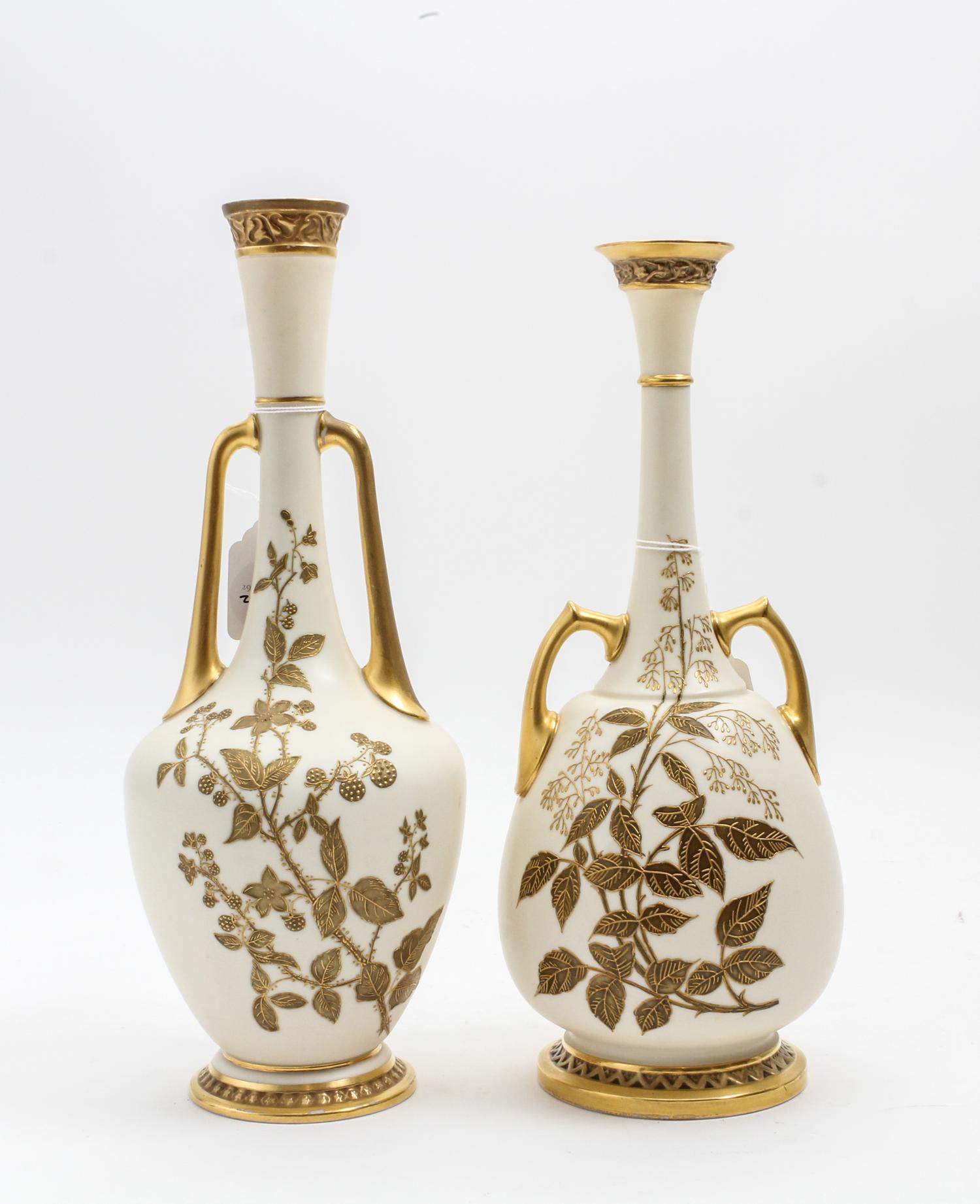 Two Similar Royal Worcester Porcelain Vases Height of taller 12 3/4 inches. — 1882 AND 1884
