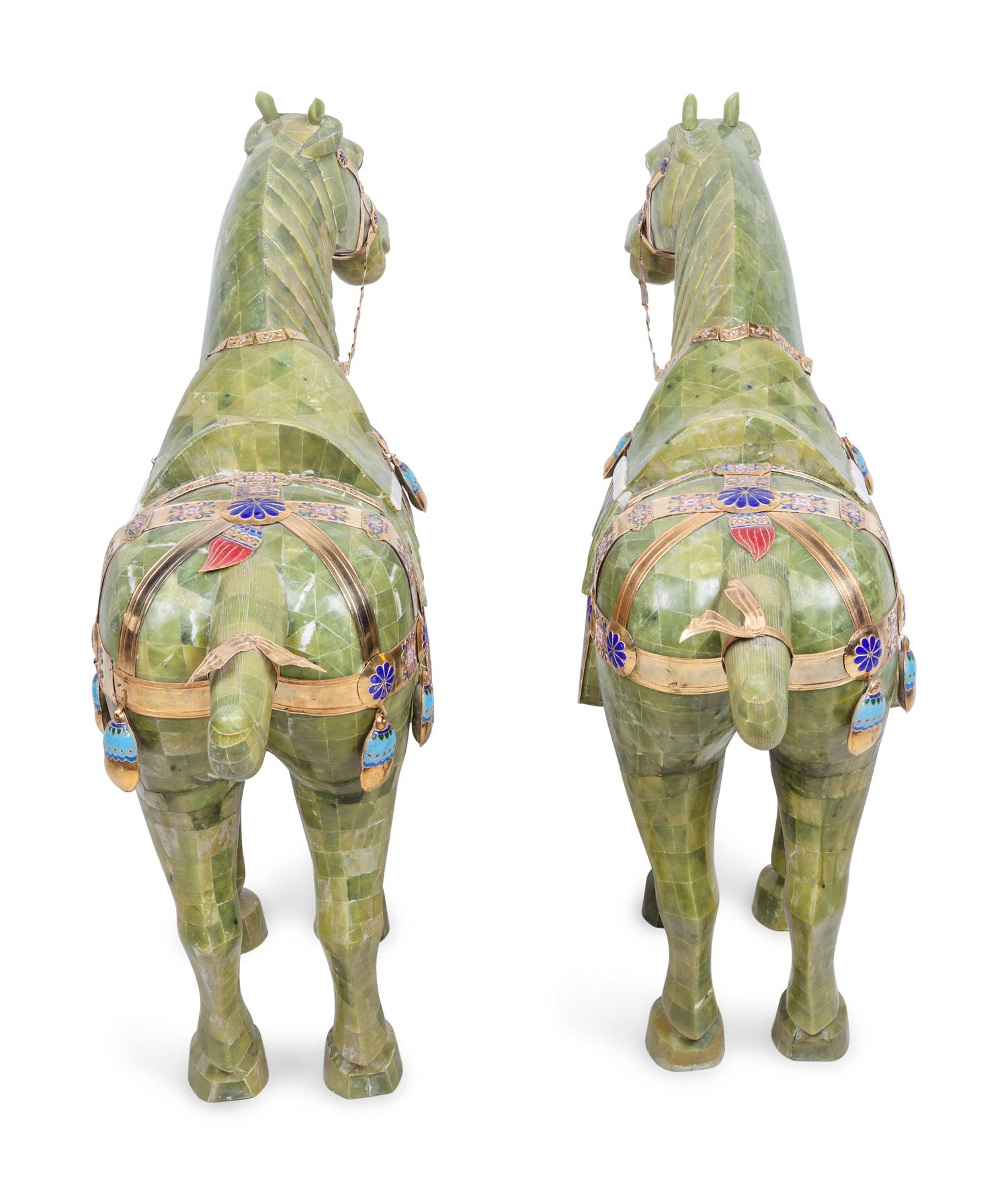 A Pair of Chinese Export Hardstone Veneered Tang Style Horses with Champlevé Decoration