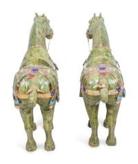 A Pair of Chinese Export Hardstone Veneered Tang Style Horses with Champlevé Decoration