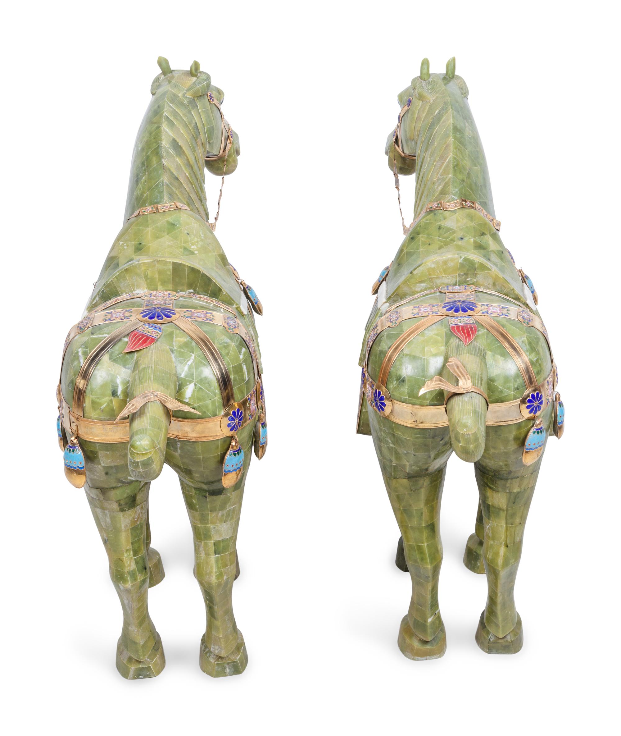 A Pair of Chinese Export Hardstone Veneered Tang Style Horses with Champlevé Decoration