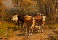 Untitled (figure guiding cattle down path)
