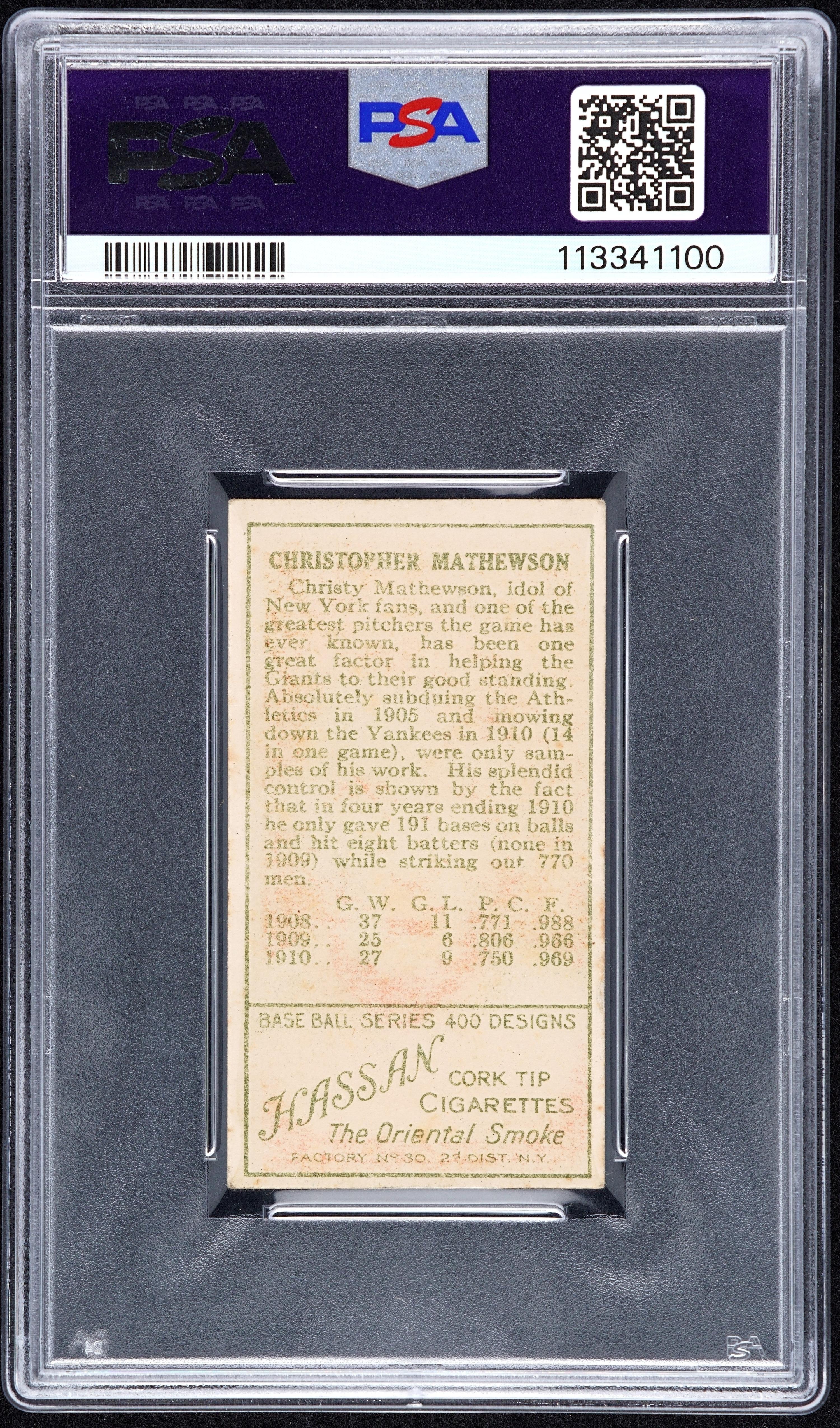 A 1911 T205 Gold Border Christy Mathewson Baseball Card - Hassan (PSA Authentic Altered)