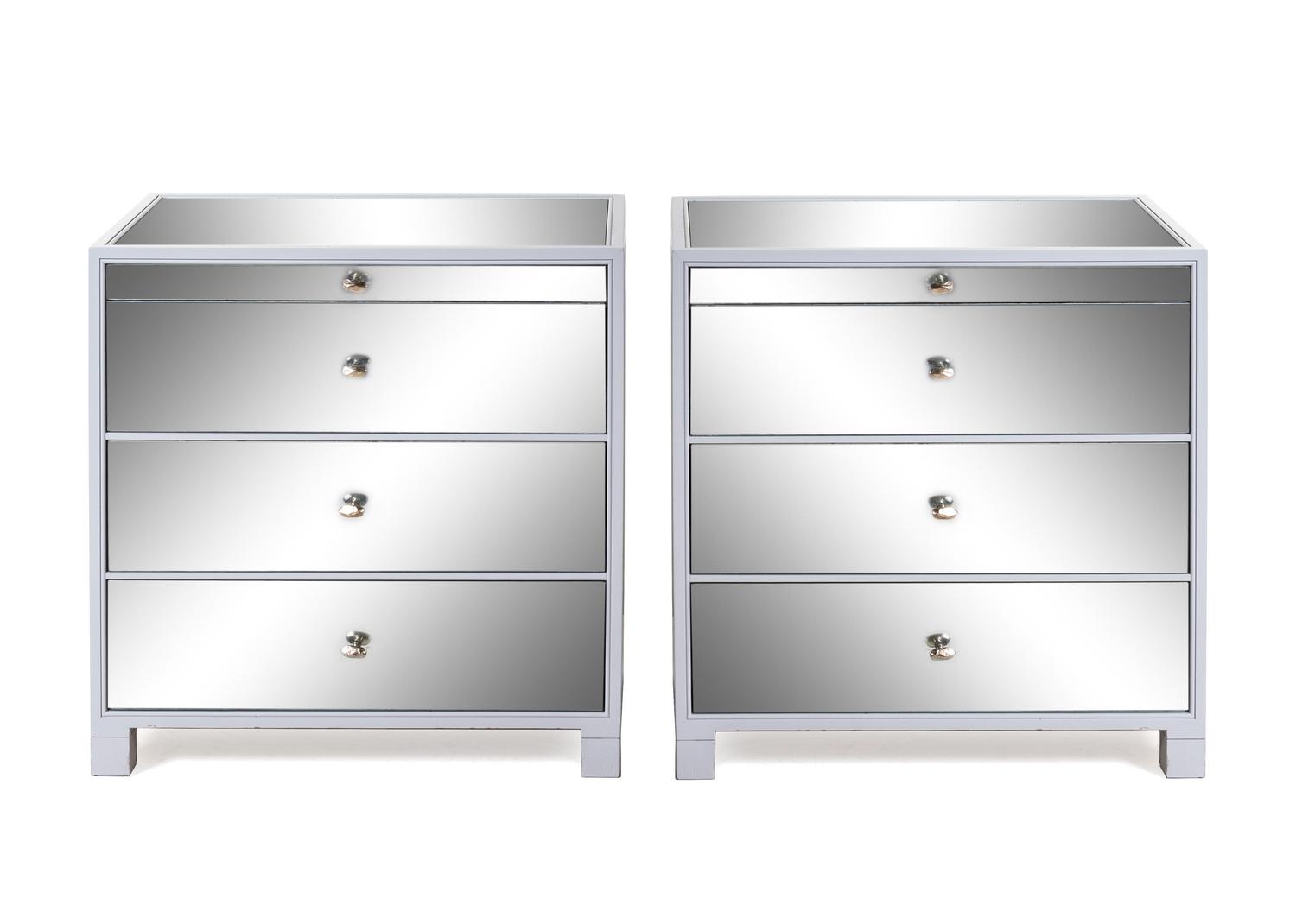 A Pair of Custom Silvered Glass Mounted Painted Bedside Tables