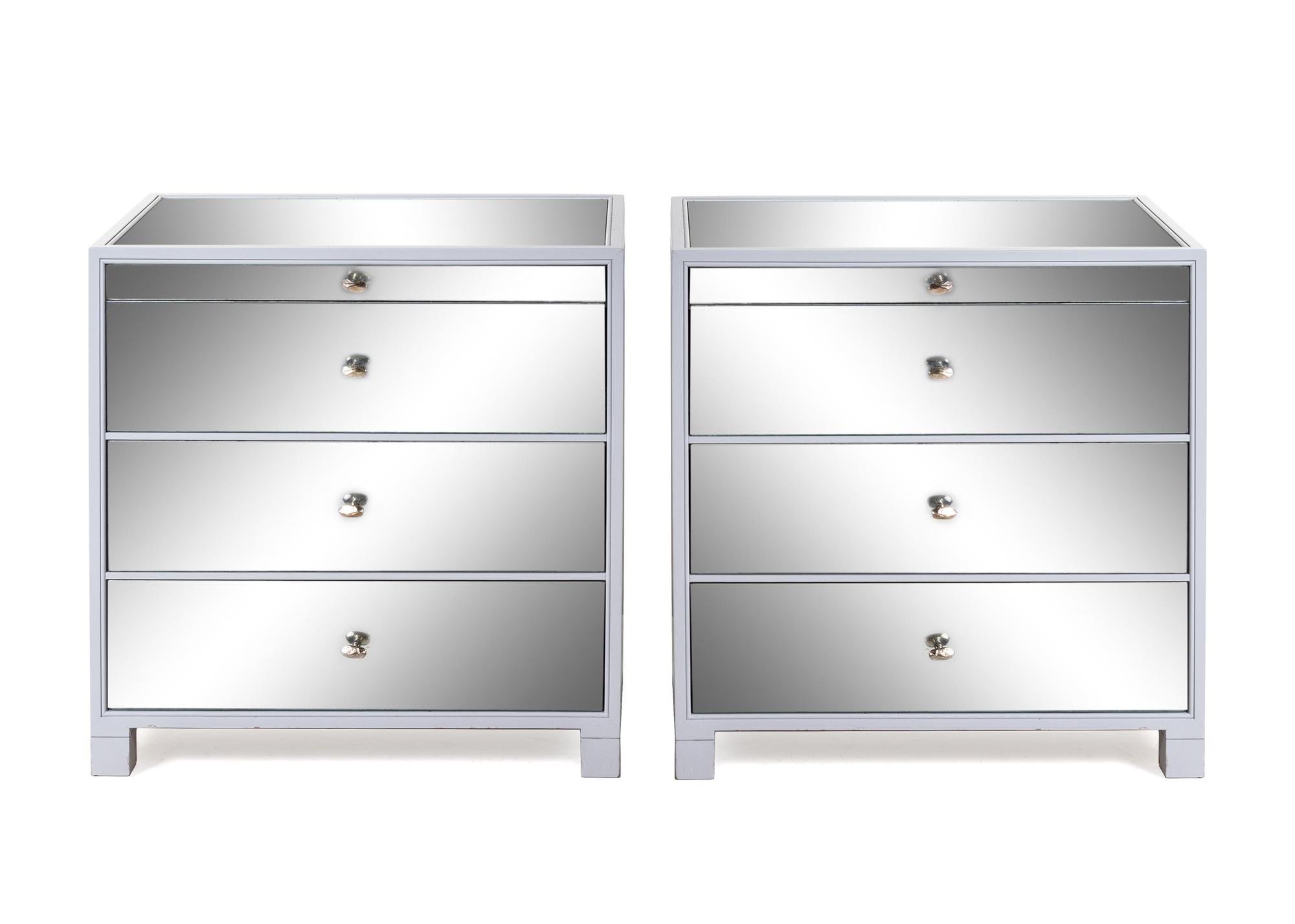 A Pair of Custom Silvered Glass Mounted Painted Bedside Tables
