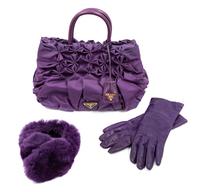 A Prada Purple Tessuto Nylon Origami Handbag with Leather Gloves and Earmuffs, Handbag: 7.5" H x 14" W x 8.25" D; Handle drop: 4.25". G