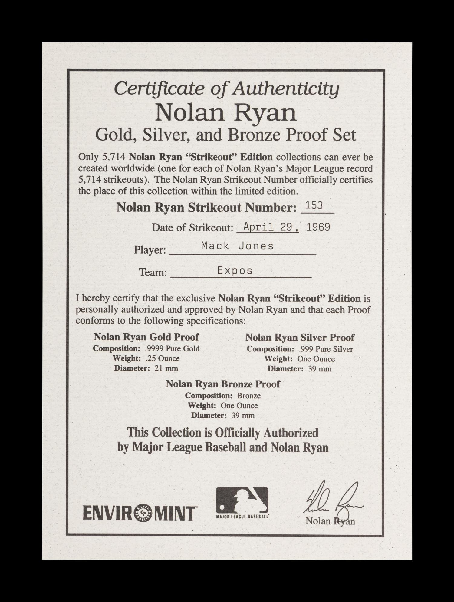 A Group of Nolan Ryan Enviromint Commemorative Coins Including One Quarter Troy Ounce .9999 Gold Coin,