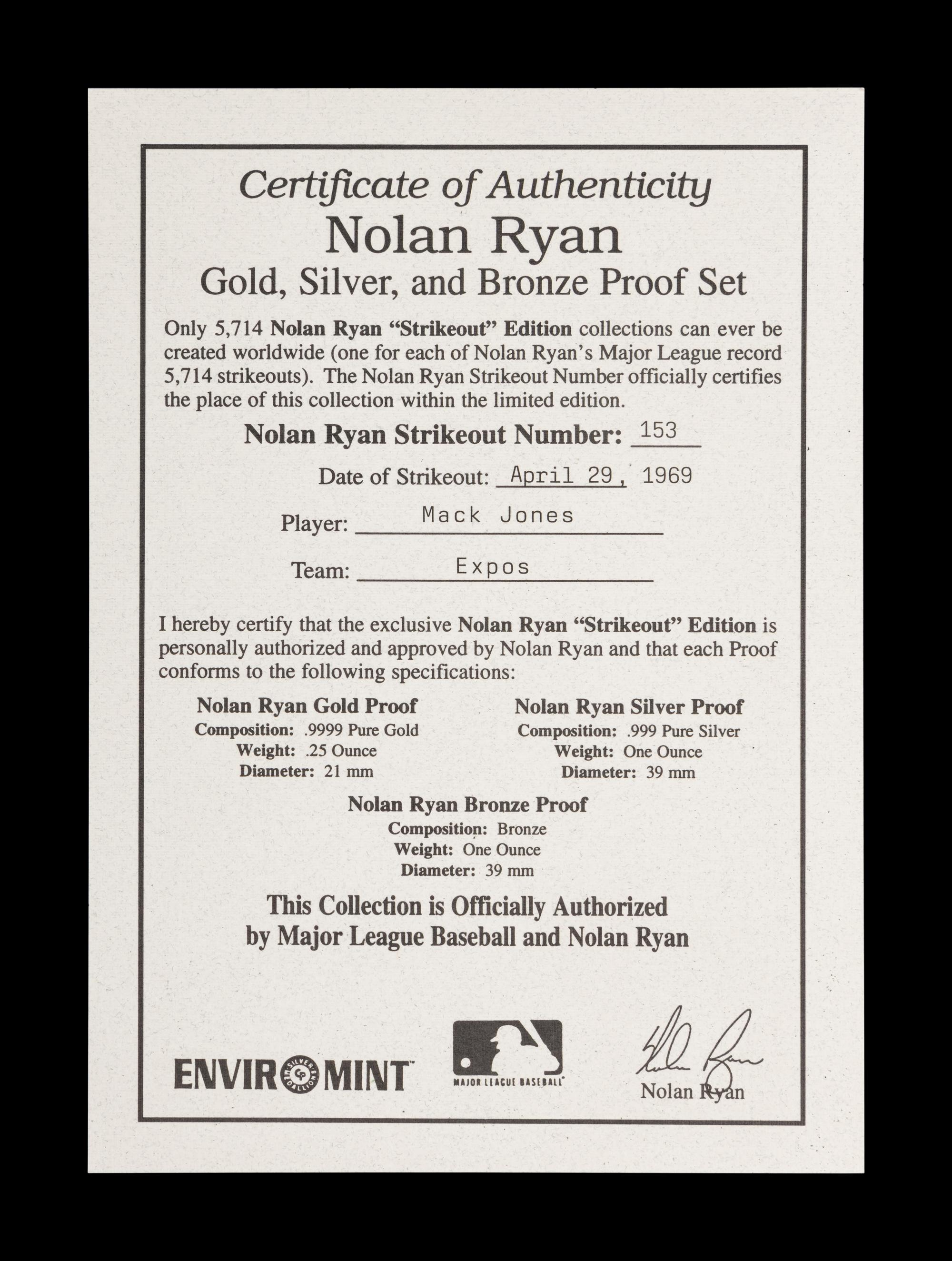 A Group of Nolan Ryan Enviromint Commemorative Coins Including One Quarter Troy Ounce .9999 Gold Coin,