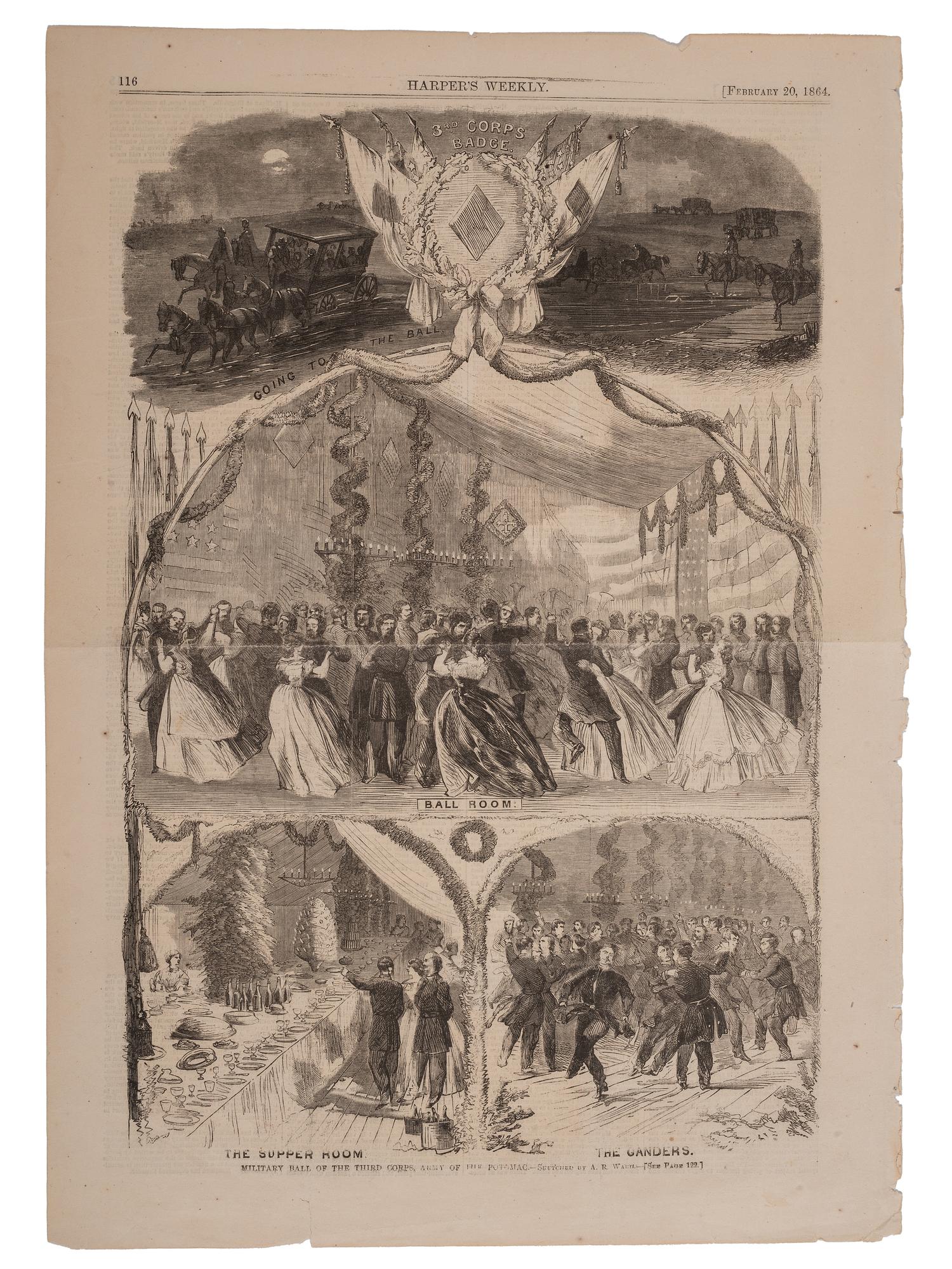[CIVIL WAR]. WAUD, Alfred R. (1828-1891), artist. A group of 2 Civil War-period sketches of the Military Ball of the Third Corps, Army of the Potomac, February 1864.