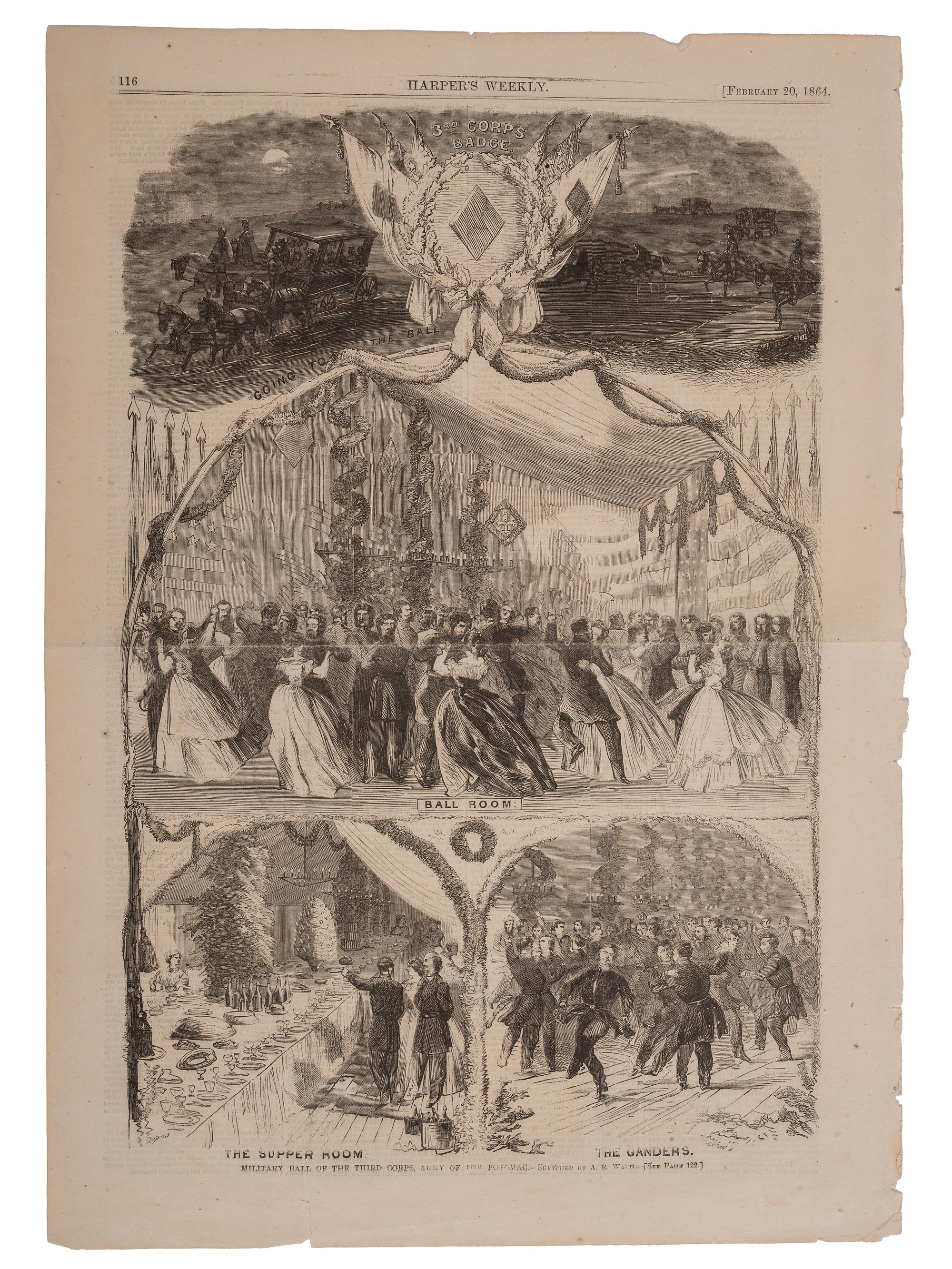 [CIVIL WAR]. WAUD, Alfred R. (1828-1891), artist. A group of 2 Civil War-period sketches of the Military Ball of the Third Corps, Army of the Potomac, February 1864.