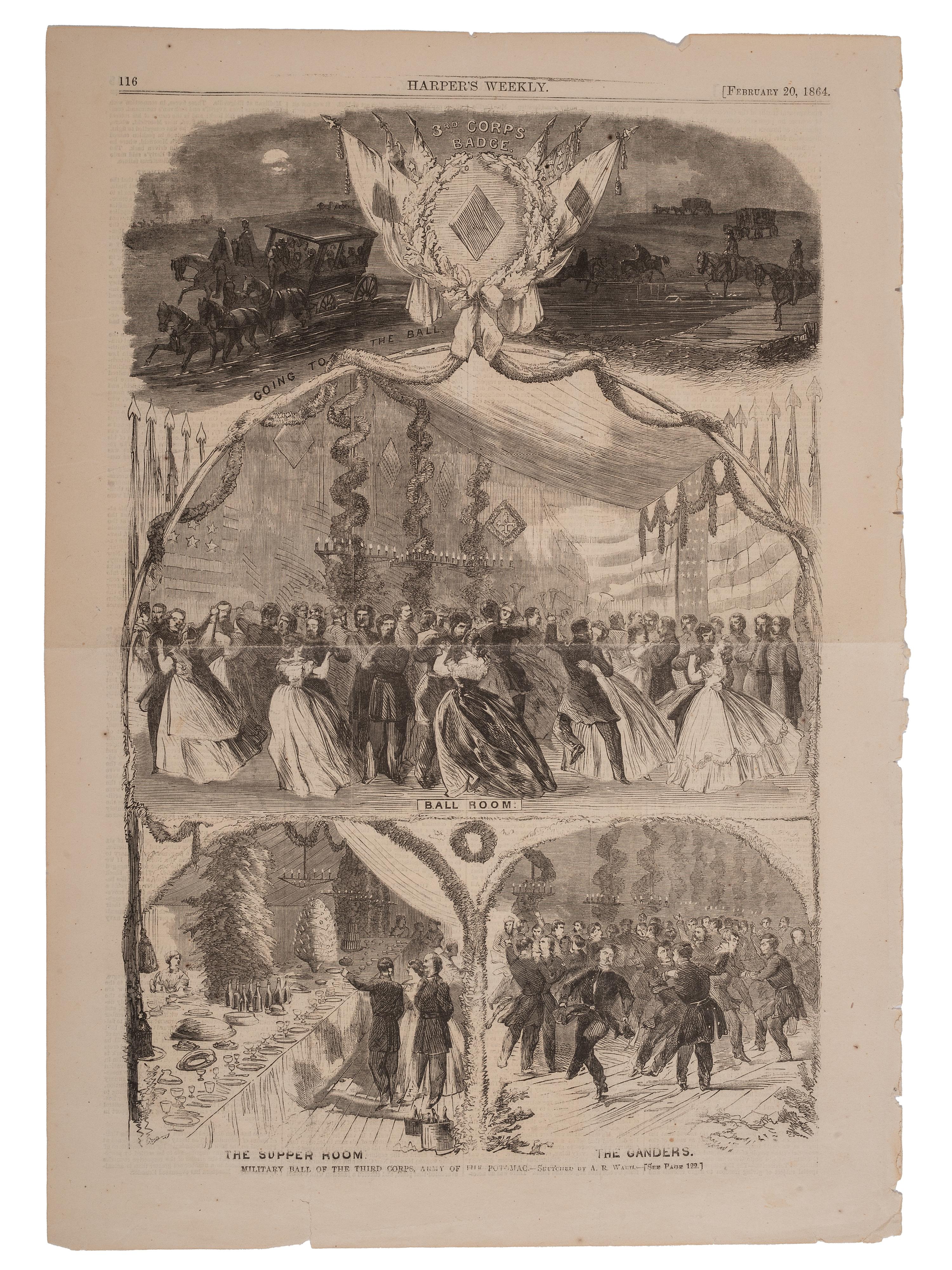 [CIVIL WAR]. WAUD, Alfred R. (1828-1891), artist. A group of 2 Civil War-period sketches of the Military Ball of the Third Corps, Army of the Potomac, February 1864.