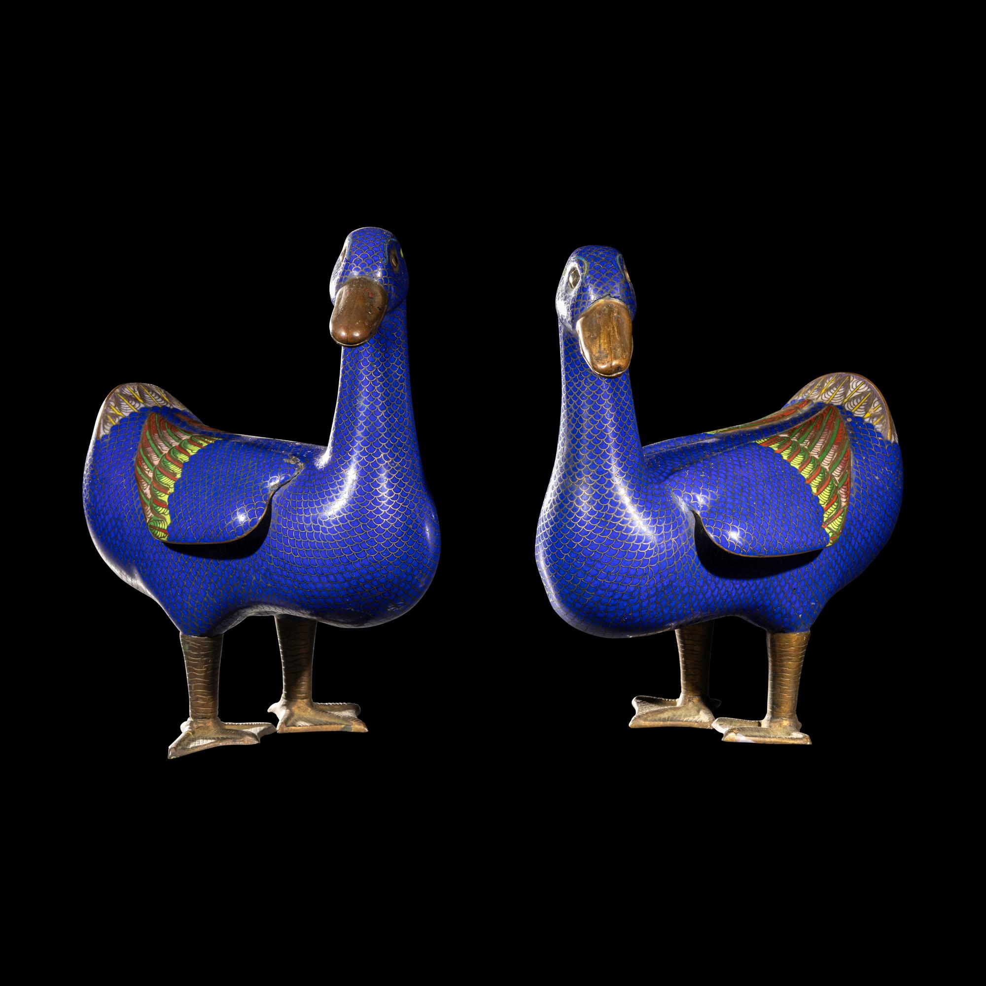 A Pair of Chinese Cloisonne Enamel Figures of Ducks