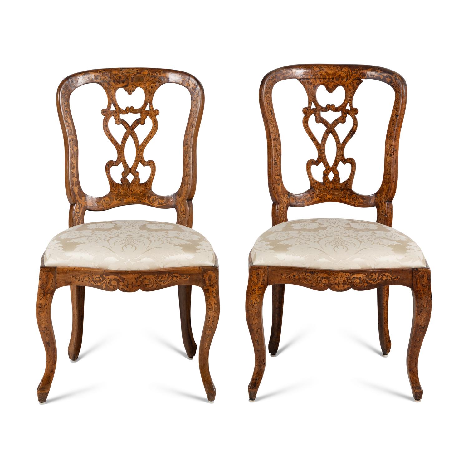 A Pair of Dutch Rococo Marquetry and Walnut Side Chairs
