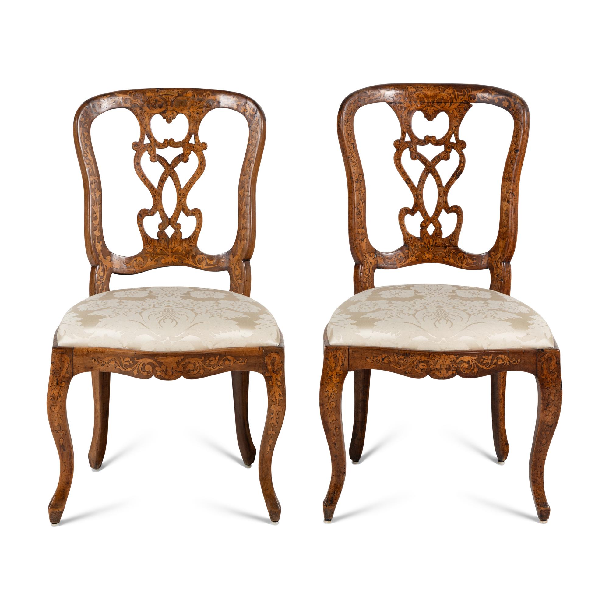 A Pair of Dutch Rococo Marquetry and Walnut Side Chairs