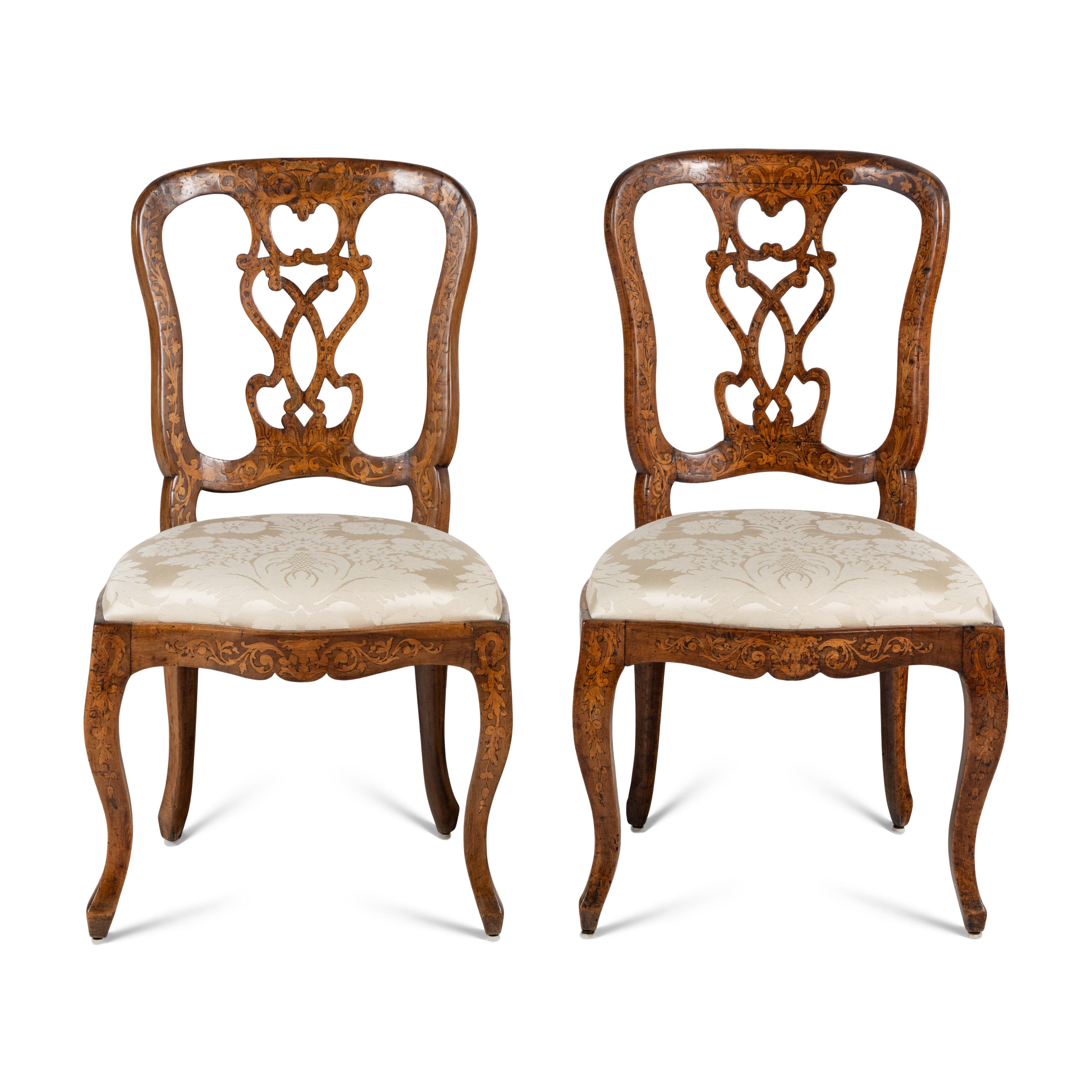 A Pair of Dutch Rococo Marquetry and Walnut Side Chairs