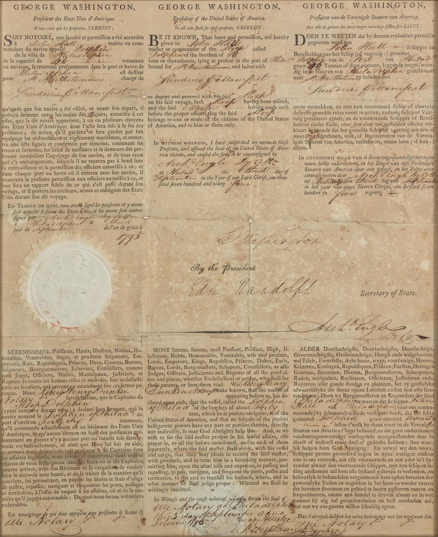 WASHINGTON, George (1732-1799). Partly printed document signed ("G:o Washington"), as President, countersigned by Edmund Randolph as Secretary of State, 3 September 1795.