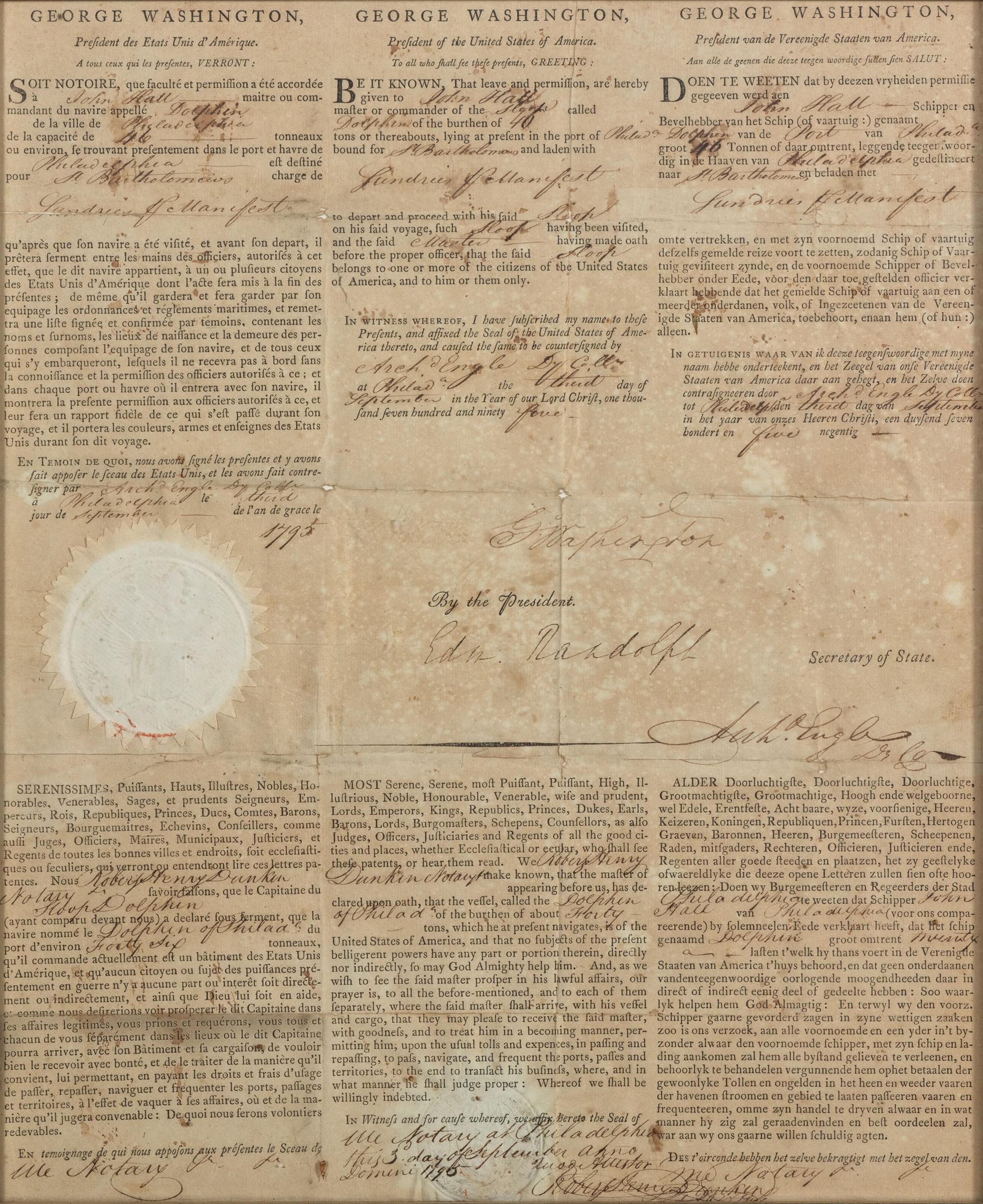WASHINGTON, George (1732-1799). Partly printed document signed ("G:o Washington"), as President, countersigned by Edmund Randolph as Secretary of State, 3 September 1795.