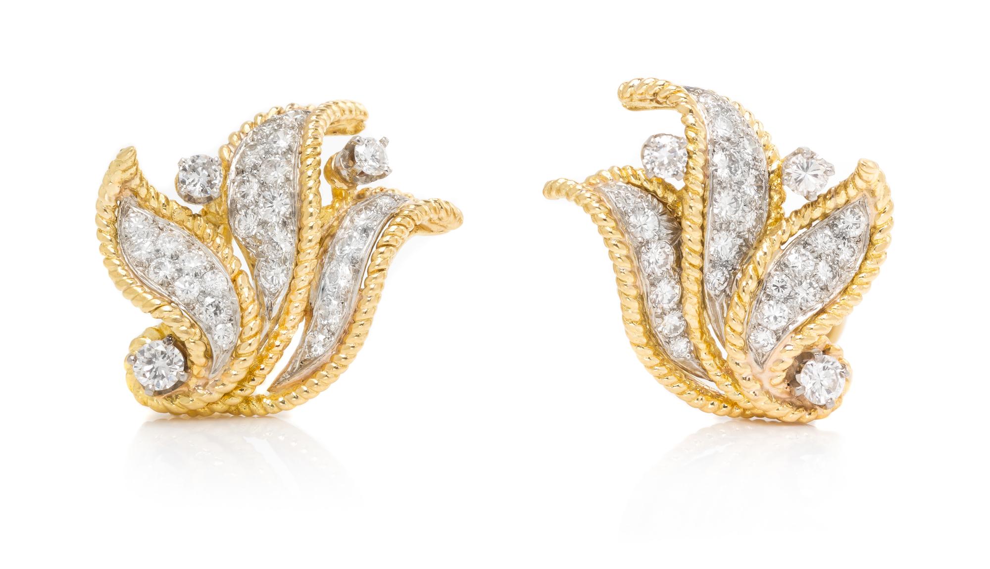 A Pair of 18 Karat Yellow Gold, Platinum and Diamond Earclips, Hammerman Brothers, 10.50 dwts.