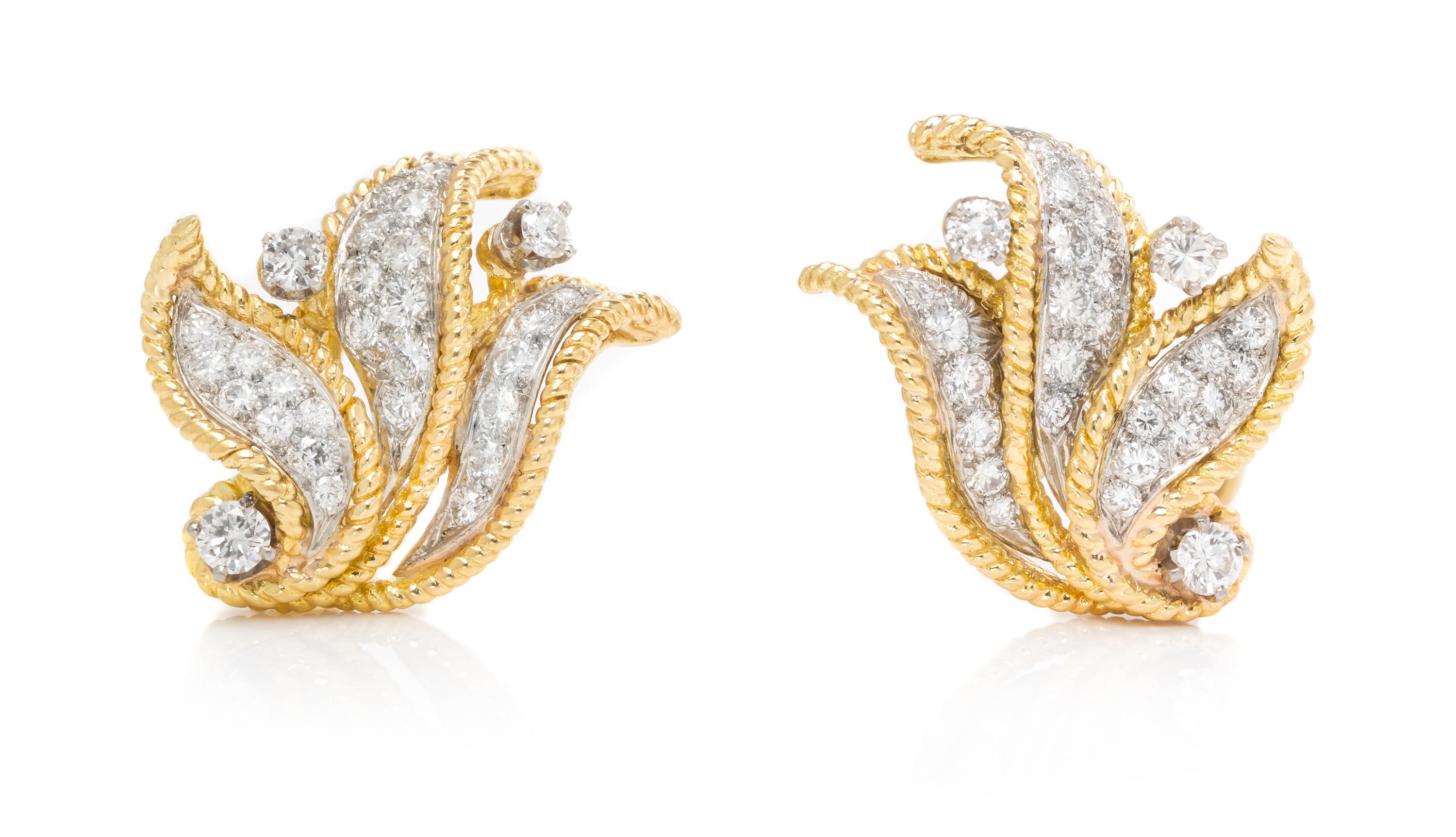 A Pair of 18 Karat Yellow Gold, Platinum and Diamond Earclips, Hammerman Brothers, 10.50 dwts.