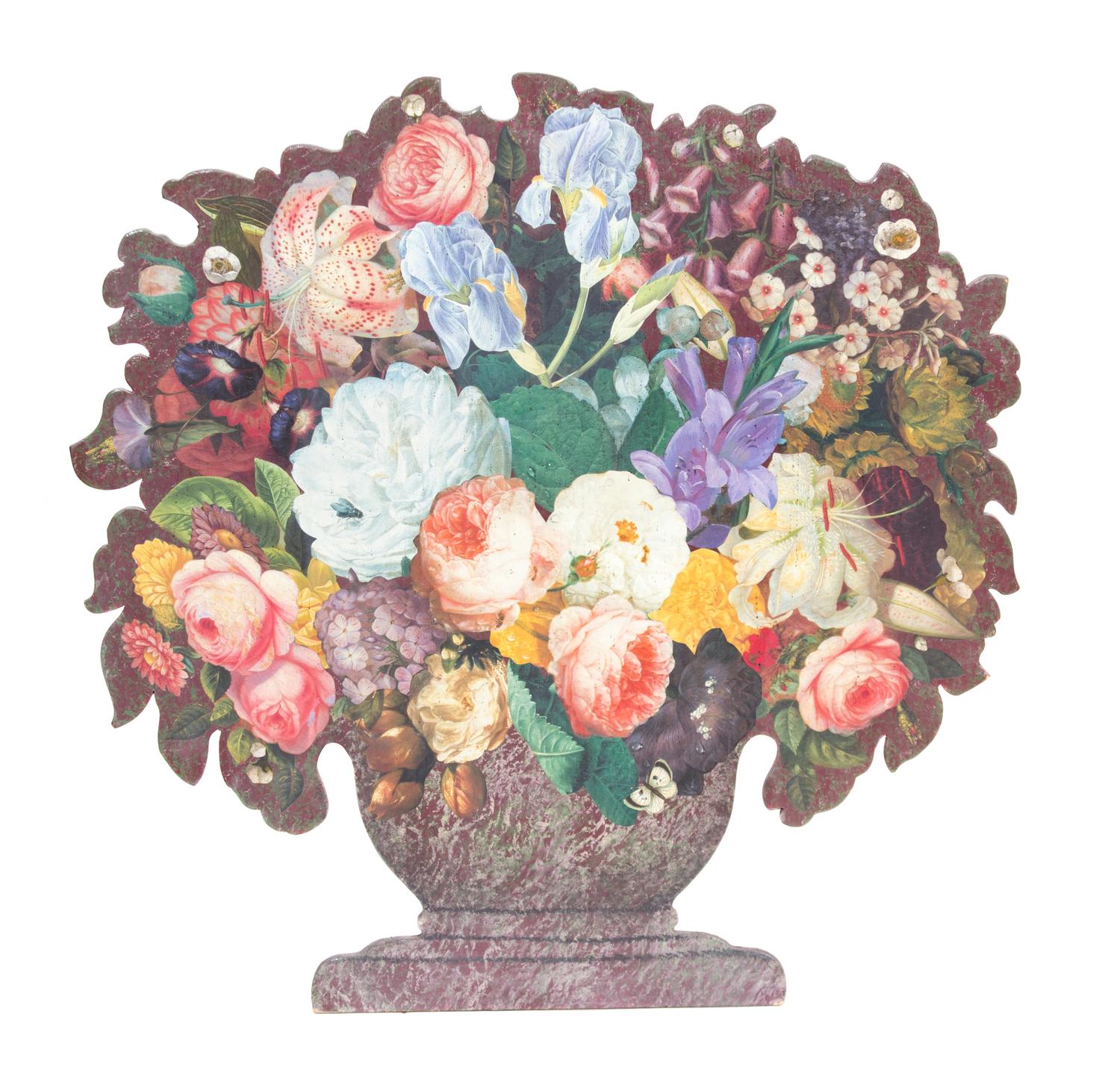 A Decoupage Flower Filled Basket-Form Wood Fire Screen Height 24 x width 24 inches. — 20TH CENTURY