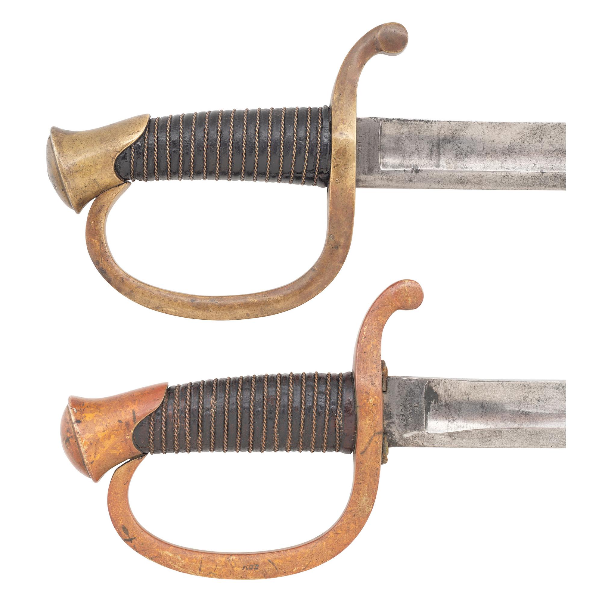 Two US Model 1840 Artillery Sabers with Scabbards, 1st and 2nd Patterns