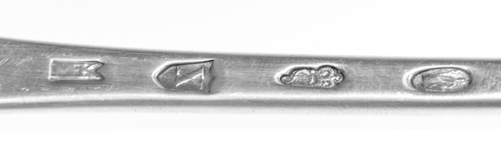 An Irish George III Silver Serving Spoon, Michael Keating I, Dublin, 1794, having an Old English handle with a downturned end.